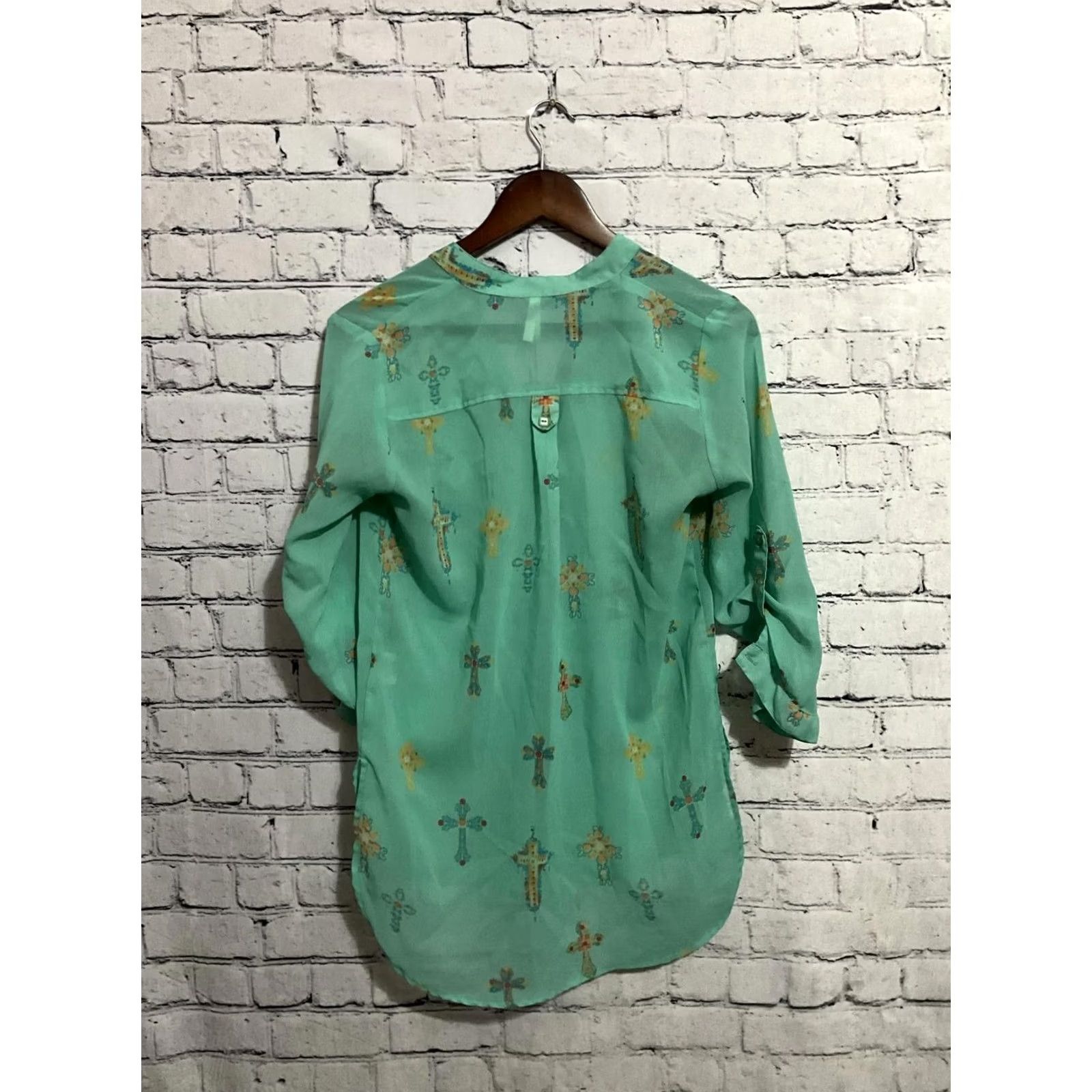 Vintage Live & Truth Blouse Shirt Women Mint Green Cross Print 3/4 Sleeve Size S Regular Button Cotton Chiffon Size S / US 4 / IT 40 - 2 Thumbnail