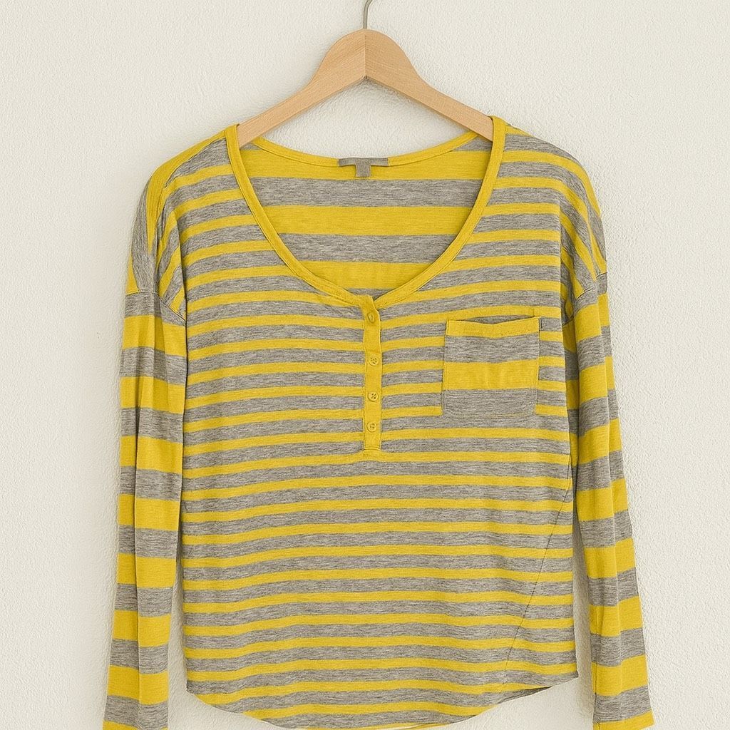 Gap GAP Women’s Size S Yellow Gray Striped Henley Long Sleeve To Size S / US 4 / IT 40 - 2 Thumbnail