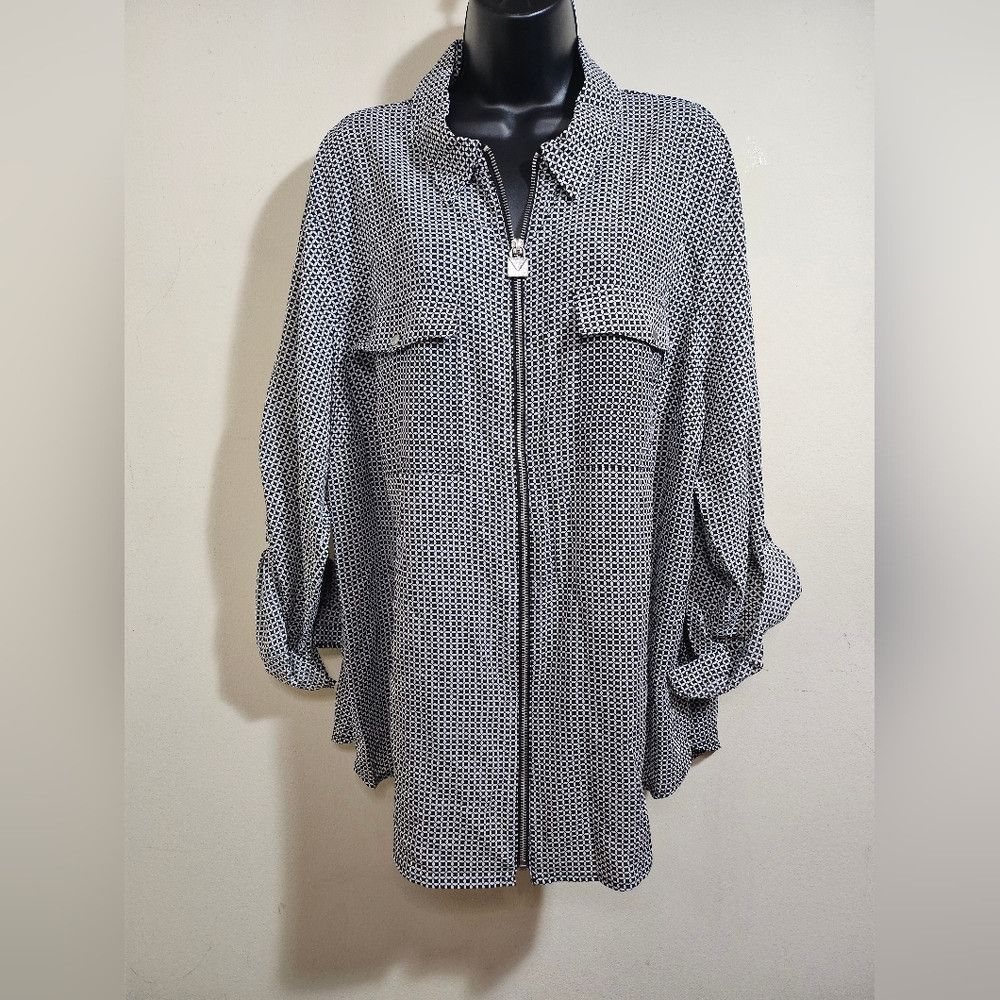 Michael Kors NEW Michael Kors Geometric Black White Full Zip-Up Blouse 3 Size 3XL / US 20-22 - 2 Thumbnail