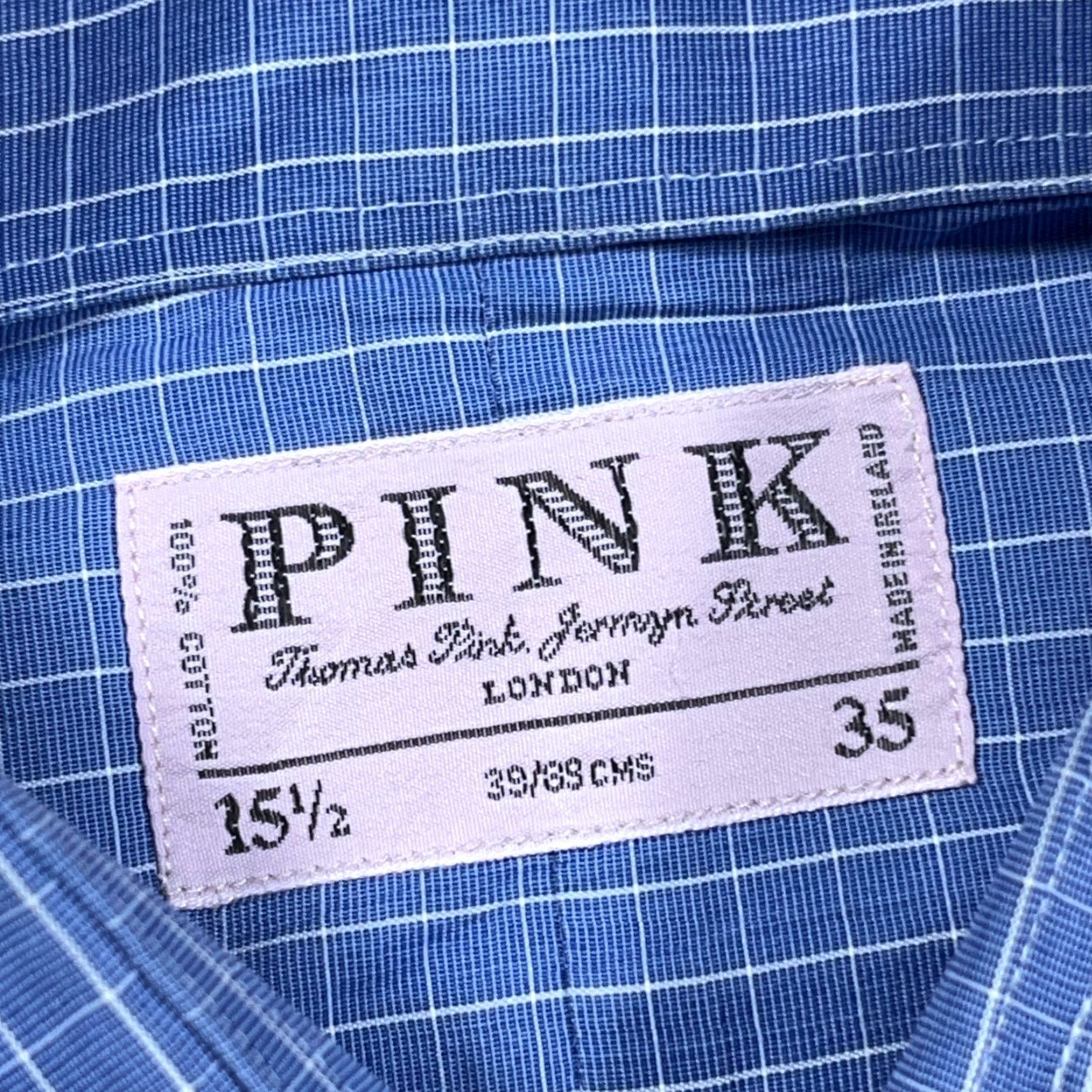 Vintage Thomas Pink Shirt Men 15.5 35 Blue Button-Up Dress French Cuff Poplin Grid Check Size 42R - 5 Thumbnail