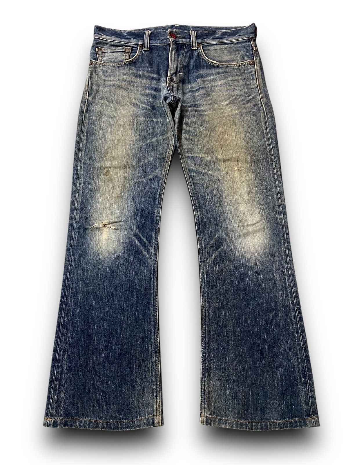 Edwin × Le Grande Bleu (L.G.B.) FLARE Edwin 503 Blue Trip Dirty Wash Distressed Jeans Size US 37 - 2 Thumbnail