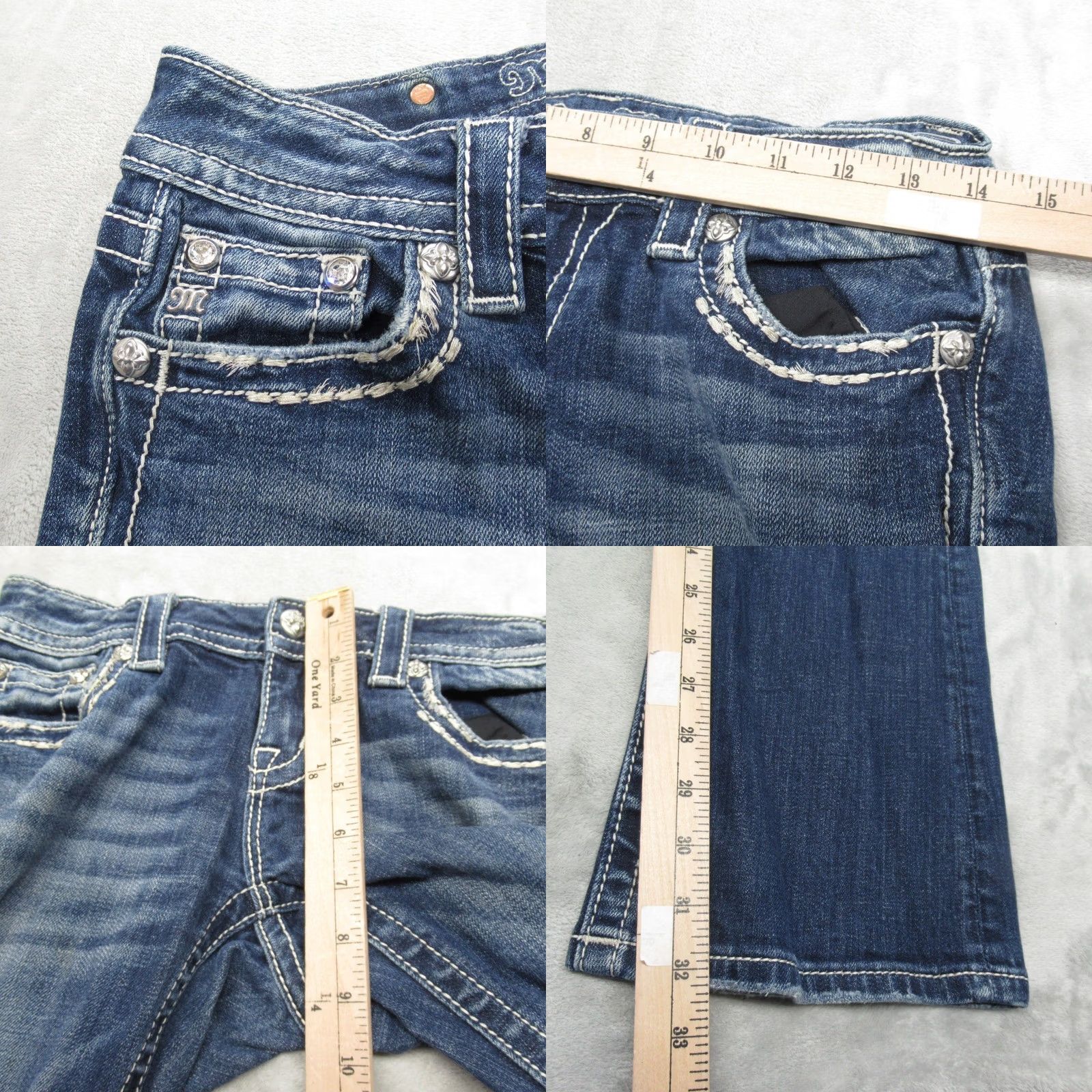 Miss Me Miss Me Jeans Women Bootcut Denim 28x32 Dark Blue Embroidered Rhinestone Pockets Stretch Comfort Relaxed Baggy Leadin Size 28" / US 6 / IT 42 - 9 Thumbnail