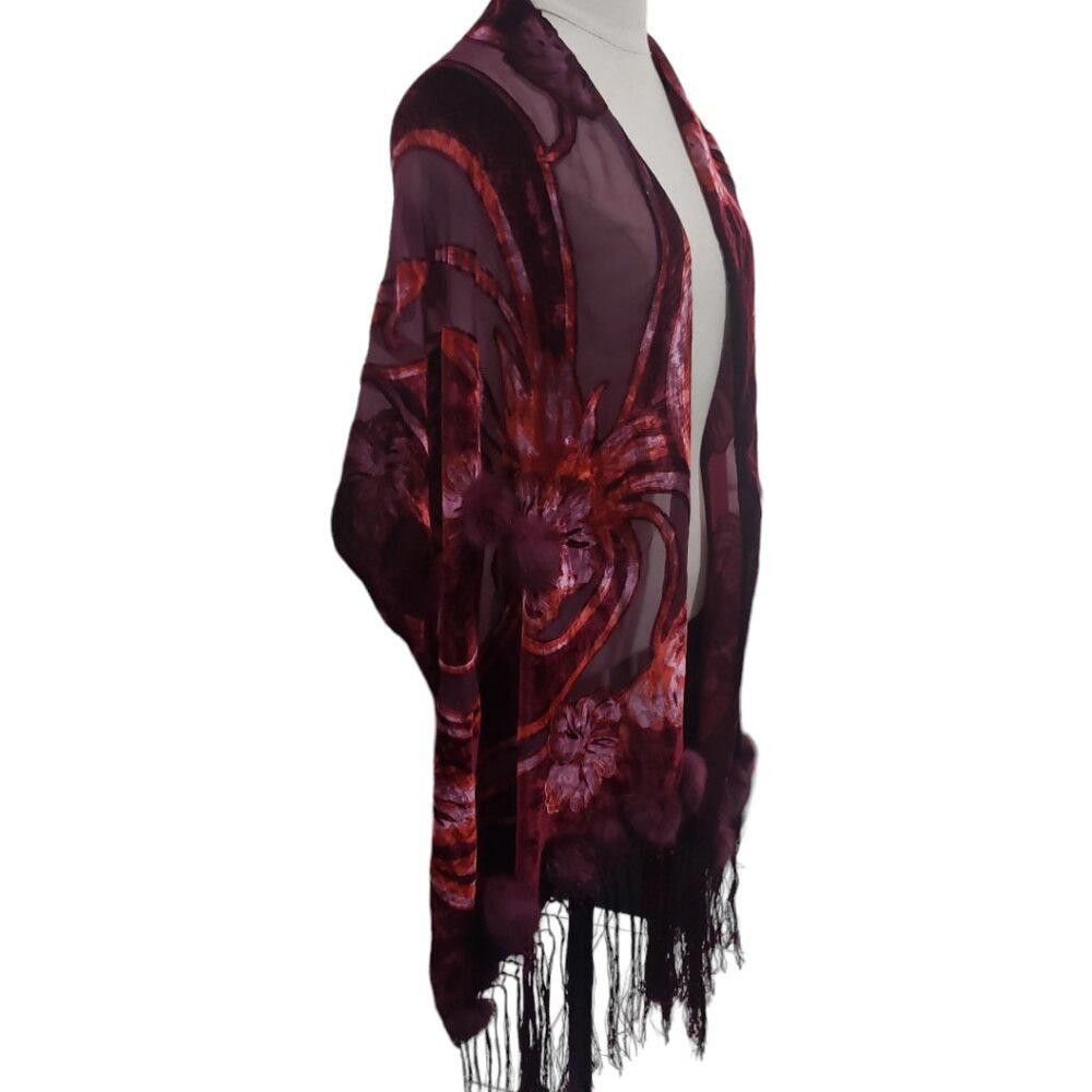 Designer CT1770 Red & Burgundy Wrap Fringed with Pom Poms Size ONE SIZE - 3 Thumbnail