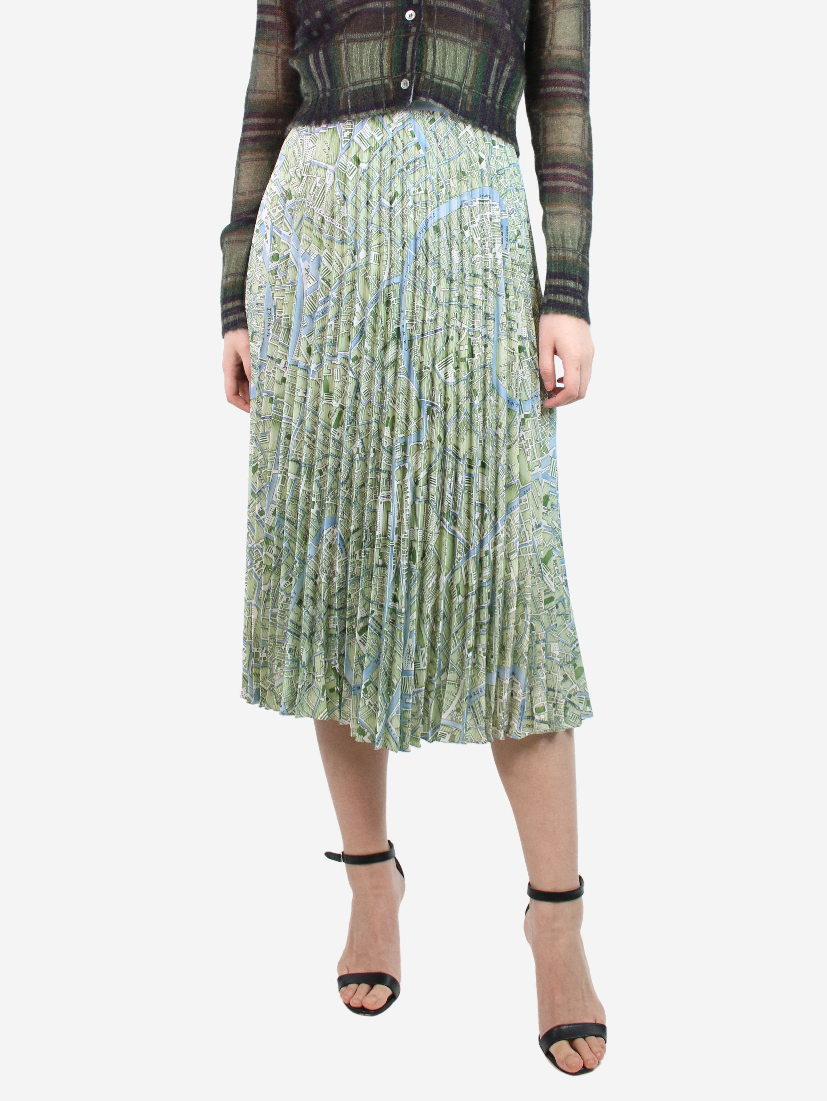 Green pleated map-print skirt - size UK 8