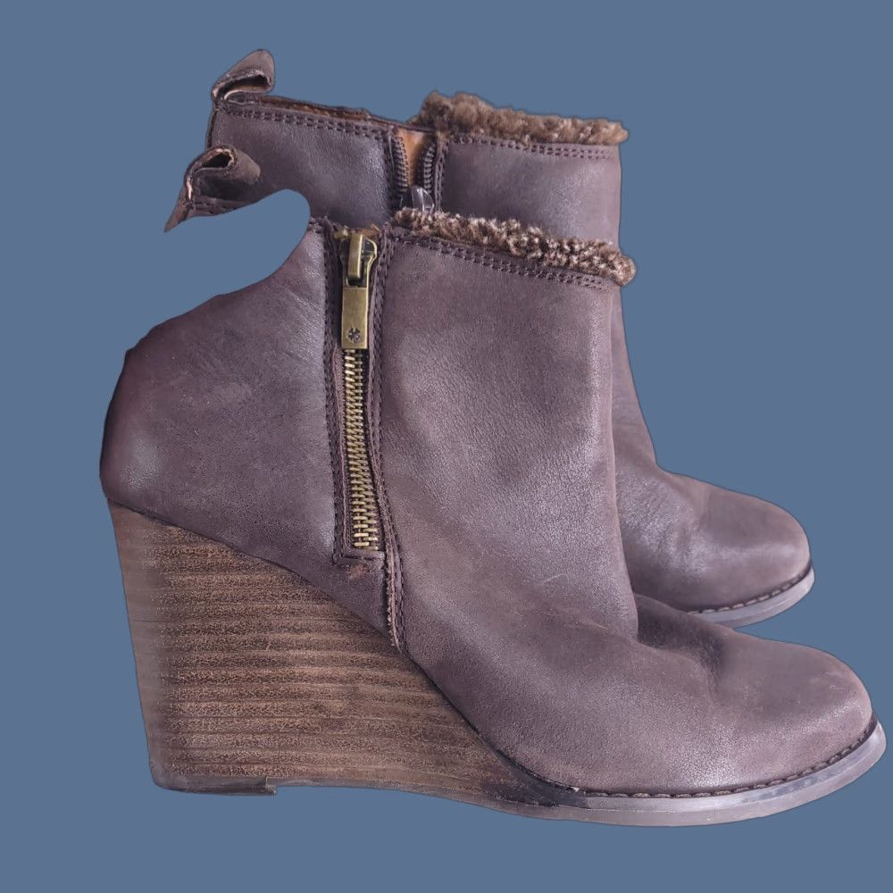 Lucky Brand Lucky Brand Ankle Boots Womens 6.5 Brown Zip Wedge Leather Suede Bootie, High Heel, Faux Fur, Casual, M Size US 7 / IT 37 - 1 Thumbnail
