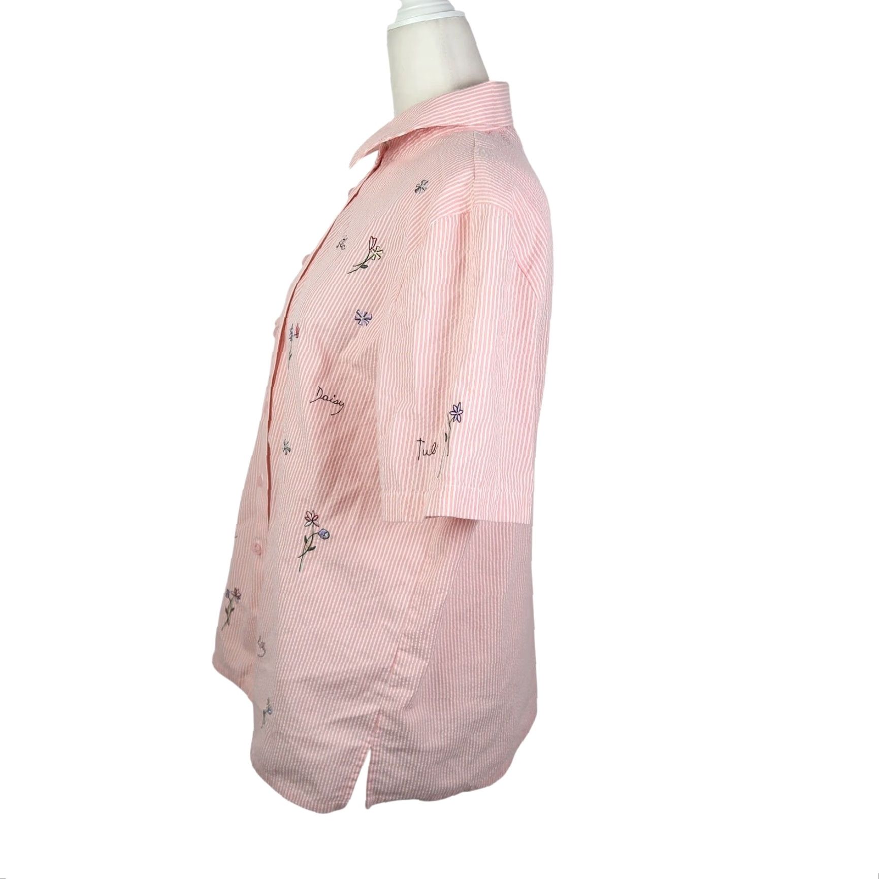 Vintage VINTAGE Koret Pink and White Stripe Flower Embroidered Button-Down Top M Shirt Womens 90s Casual Floral Size M / US 6-8 / IT 42-44 - 3 Thumbnail