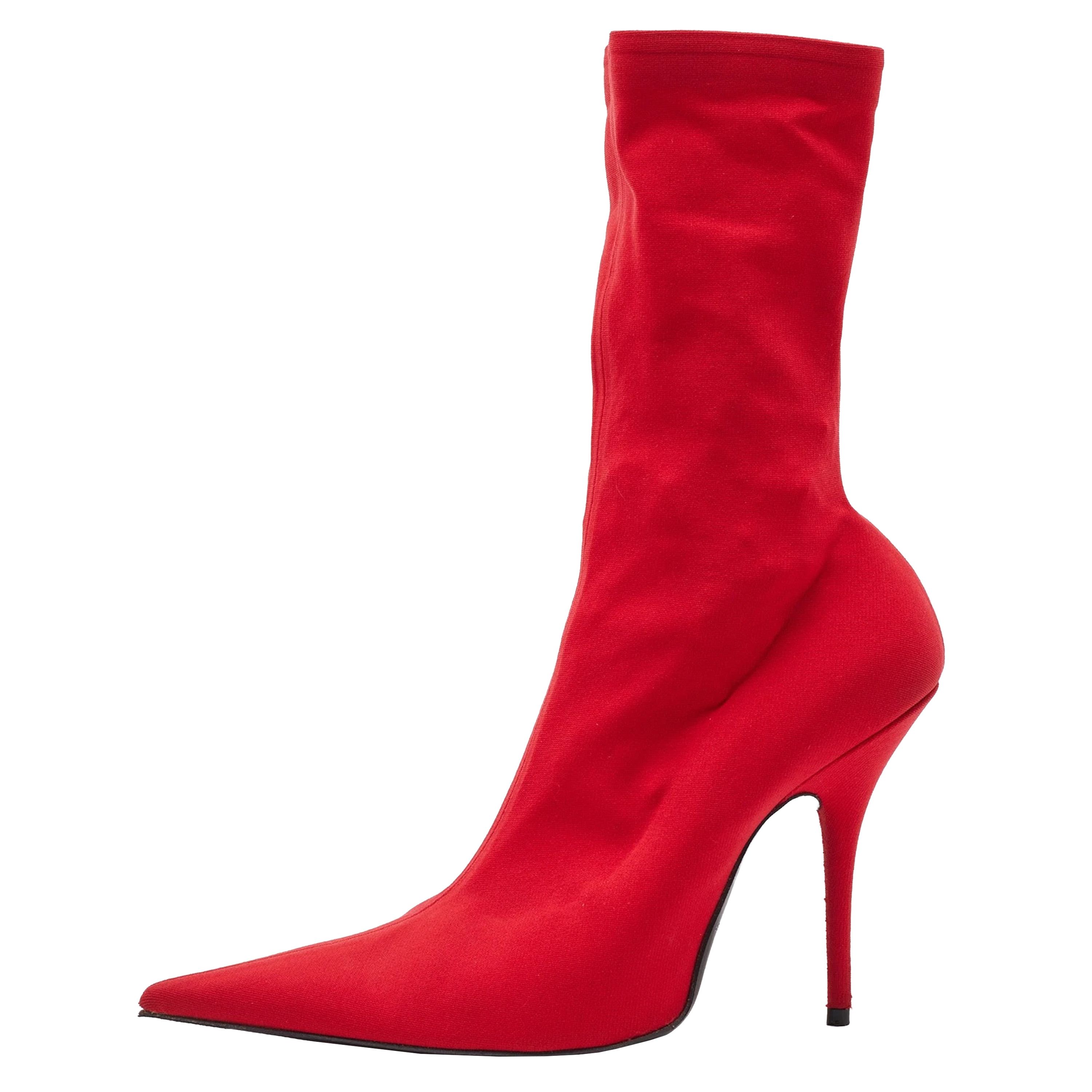 Balenciaga Balenciaga Red Fabric Knife Pointed Toe Sock Mid Calf Boots Size US 7 / IT 37 - 2 Thumbnail