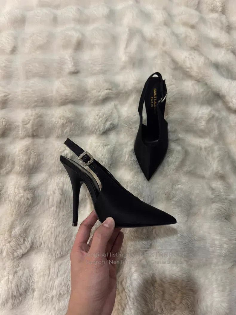 Saint Laurent Paris Saint Laurent Paris Black Crystal-Adorned Satin High-Heele Size US 5.5 / IT 35.5 - 2 Thumbnail