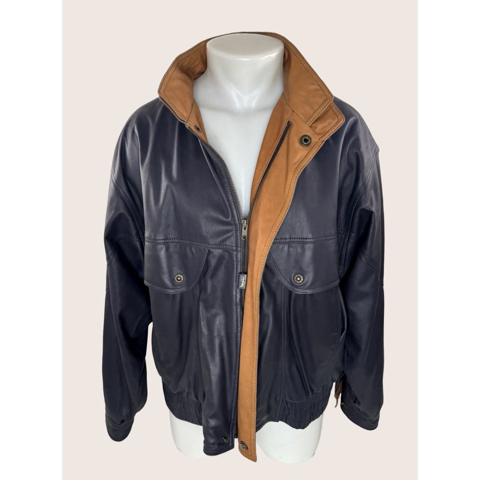 Vintage BORGO ANTICO Bomber Jacket 2 Tone Soft LEATHER Mens 50 Dark Gray / Brown Leather Jacket Mens Bomber 50 EXCELLENT Size US M / EU 48-50 / 2 - 1 Thumbnail