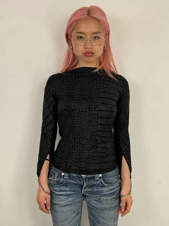 Roberto Cavalli 1990s Roberto Cavalli Black Crocodile Effect Longsleeve Size XS / US 0-2 / IT 36-38 - 2 Thumbnail