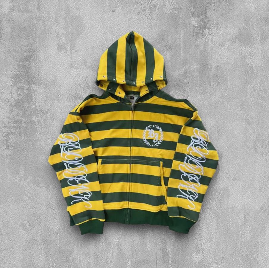 Oversized Green & Yellow Striped Zip-Up Hoodie