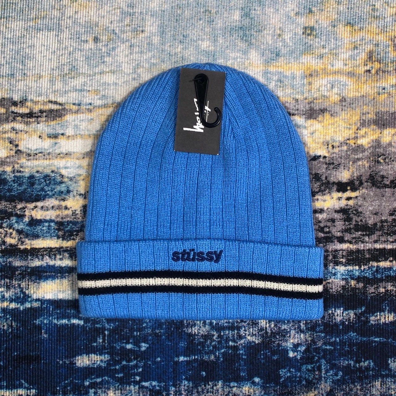 Stussy Striped Cuff Beanie Blue | Grailed