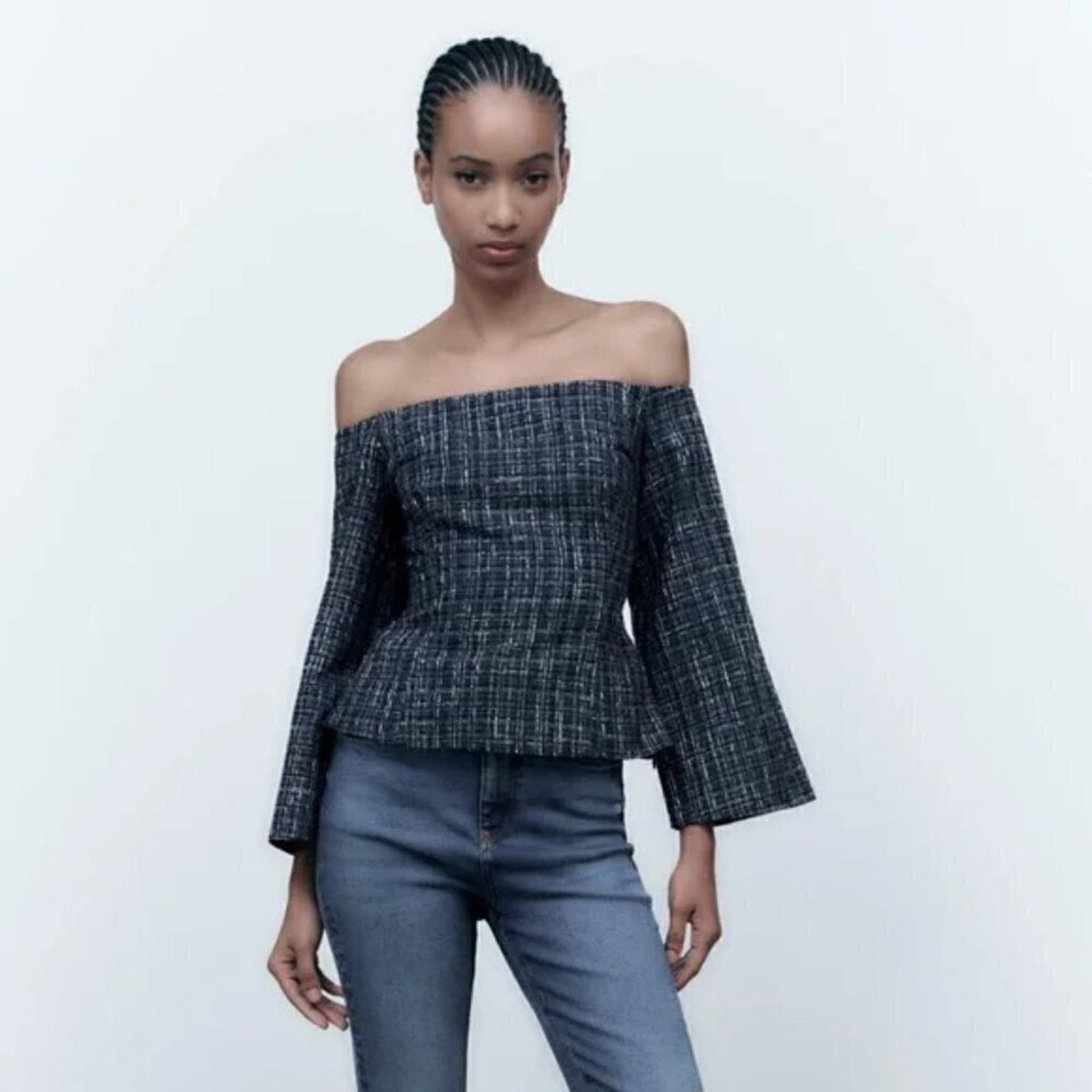 Zara Zara Navy Tweed Off Shoulder Top NWT M Size M / US 6-8 / IT 42-44 - 18 Thumbnail