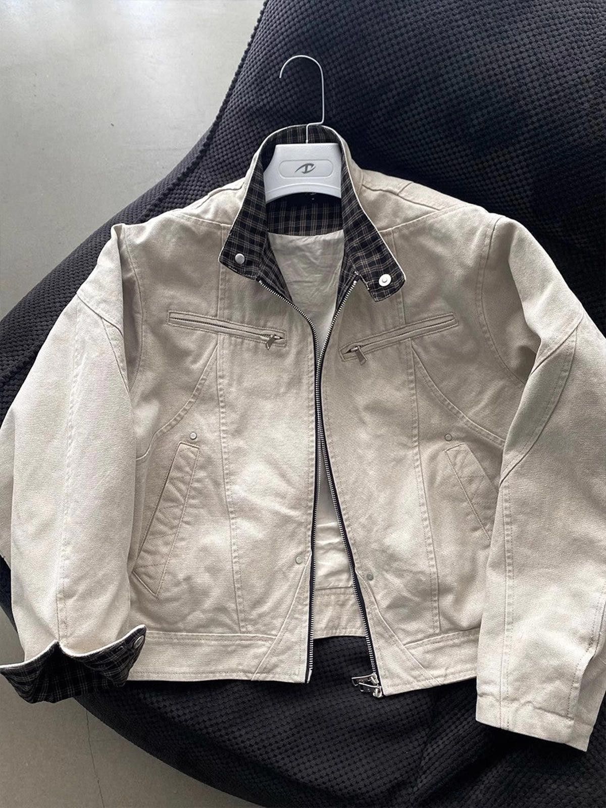 Beige Utility Jacket with Flannel Collar