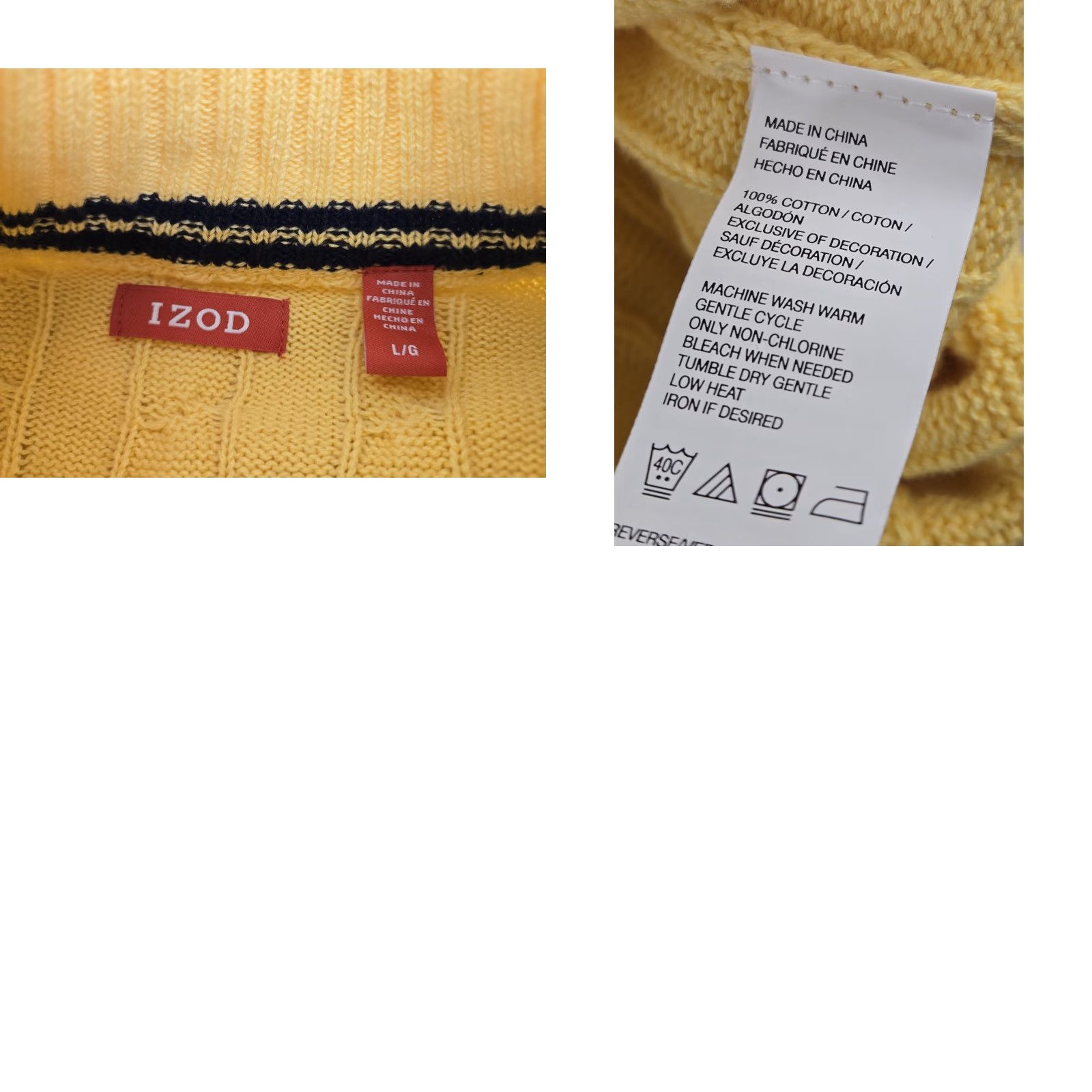Izod IZOD Men’s Cable Knit Sweater Large Yellow Long Sleeve Quarter Zip 1/4 Shirt Size US L / EU 52-54 / 3 - 9 Thumbnail