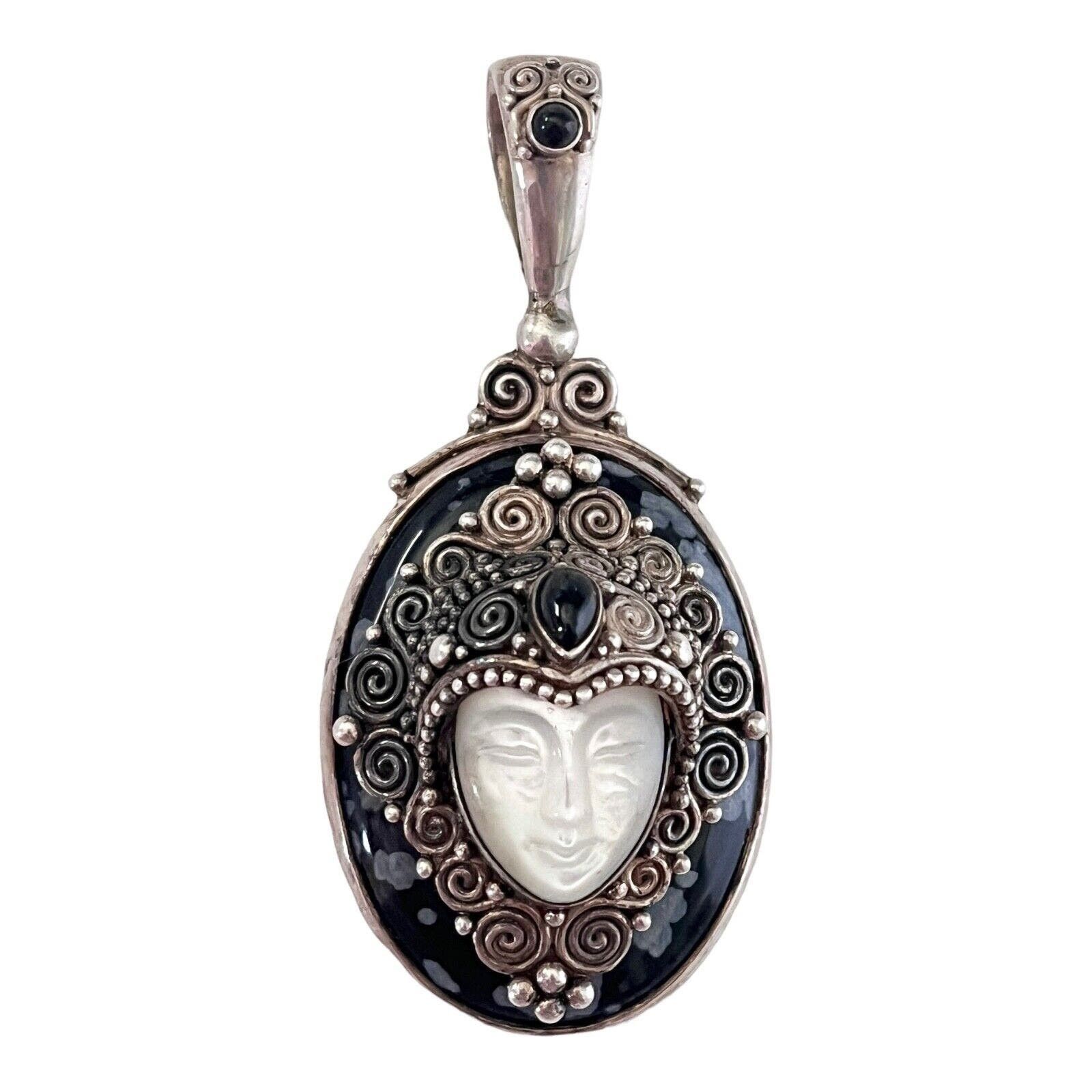 image of Vintage 925 Silver Sajen Goddess Face Pendant Black Onyx Mop, Women's