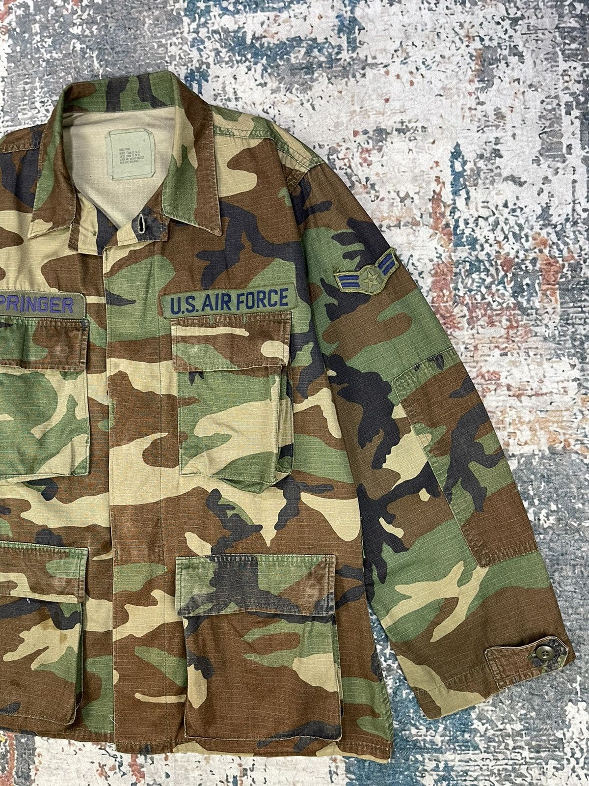 Vintage Vtg 80s USAF Airman First Class Woodland Camo Combat Jacket Size US S / EU 44-46 / 1 - 4 Thumbnail