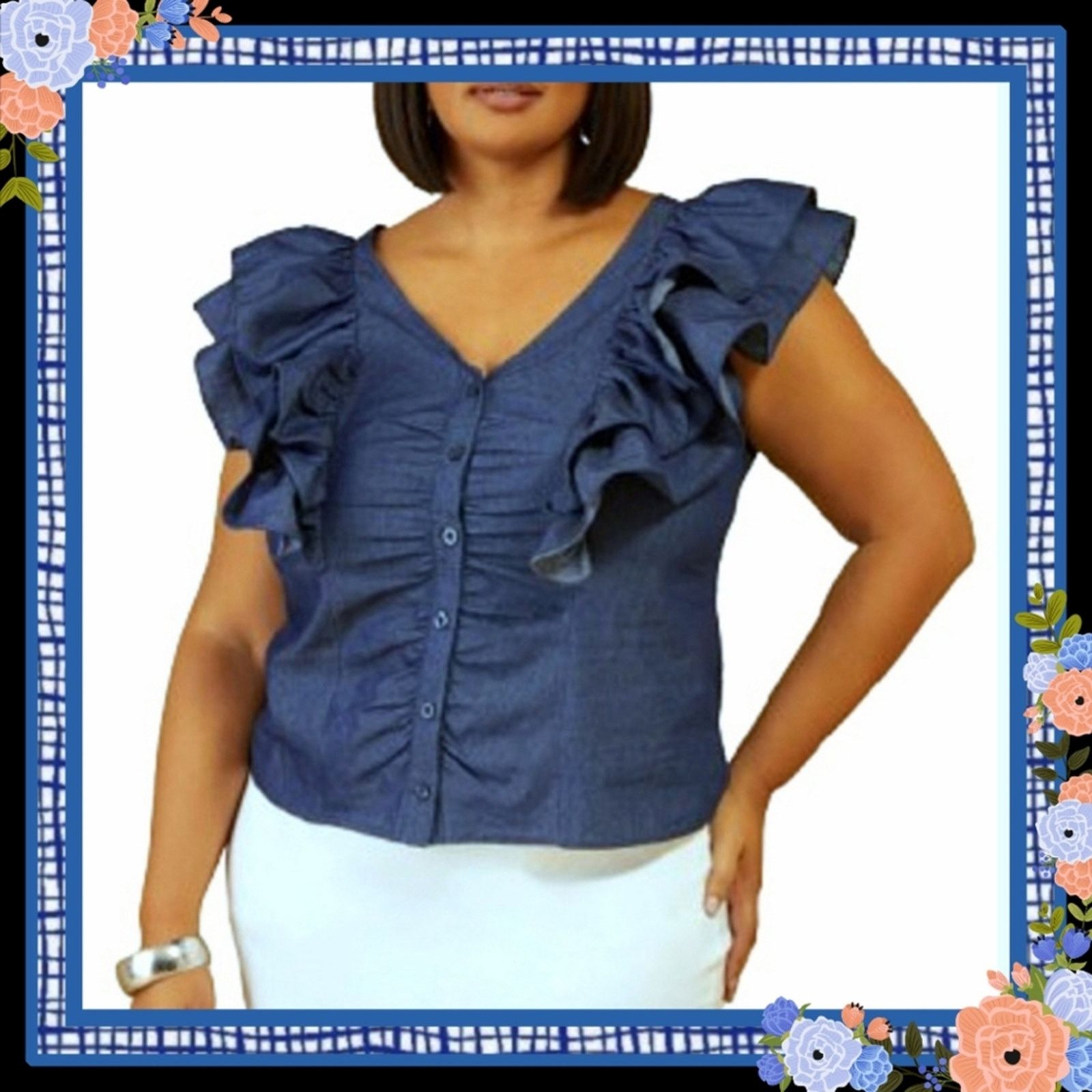 Other DENIM BLUE ☆ SOFT CHAMBREY ☆ DOUBLE RUFFLE TOP 26w ☆ NWT Size 3XL / US 20-22 - 1 Thumbnail
