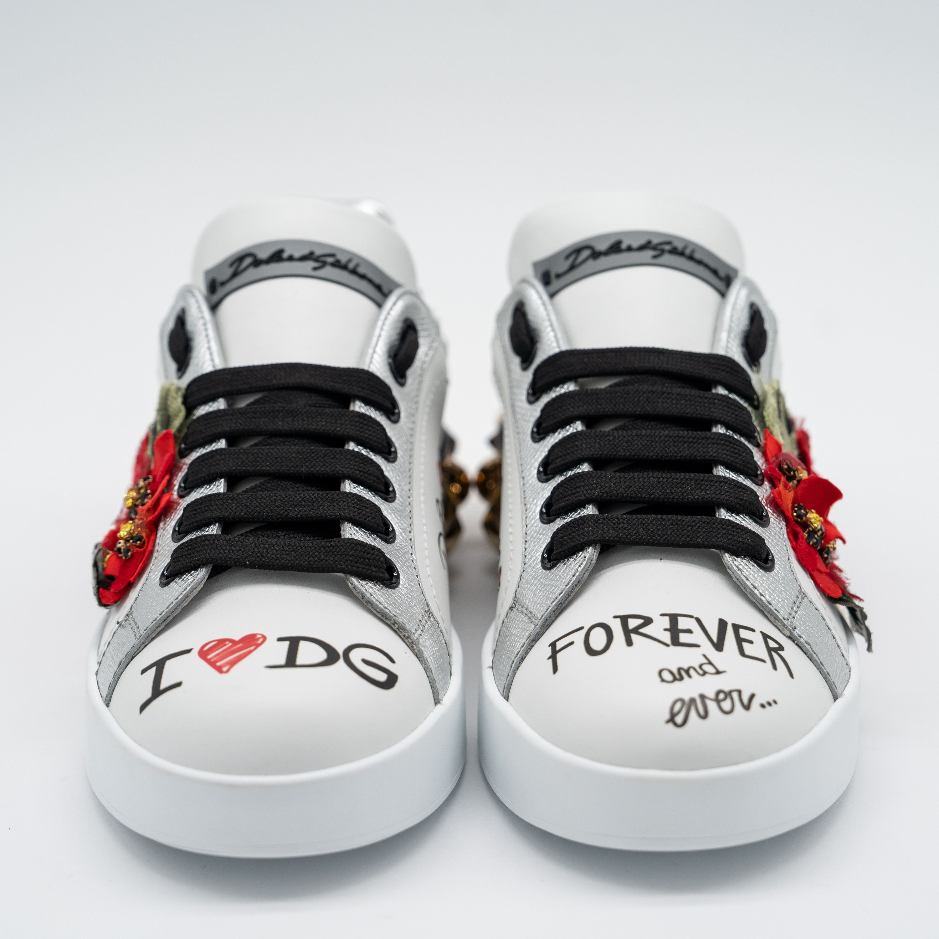 Dolce & Gabbana DOLCE & GABBANA White Portofino Floral Studded Sneakers Size US 6 / IT 36 - 2 Thumbnail