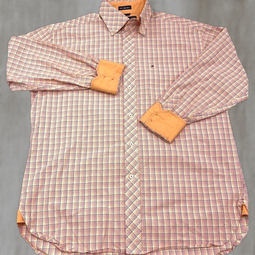 Tommy Hilfiger Tommy Hilfiger Shirt Men Medium Orange Plaid Button Up Casual Formal Workwear Knit-Down Size 40R - 1 Thumbnail