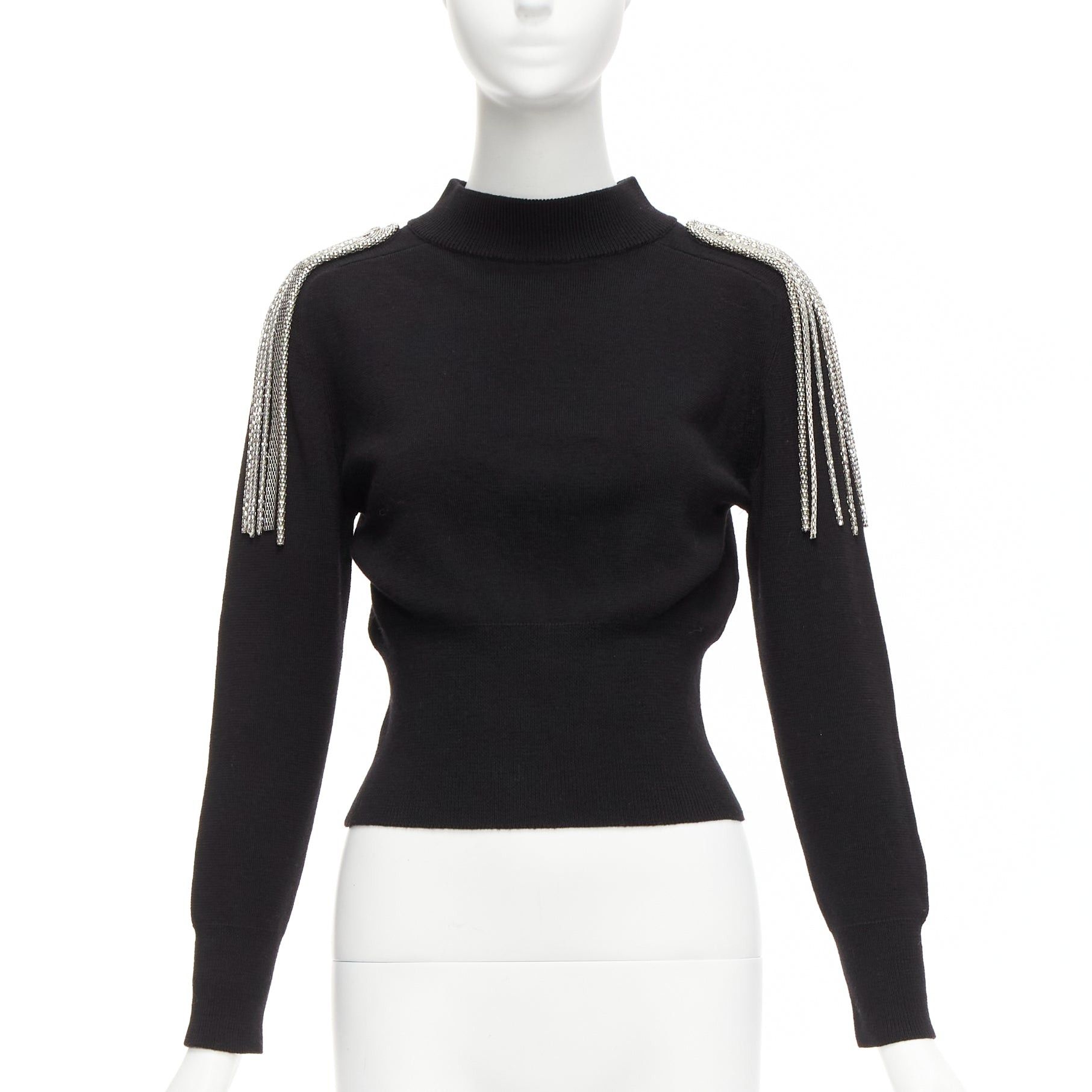 image of Christopher Kane 100% Merino Wool Black Silver Shoulder Chain Sweater Xs, Women's (Size Small)