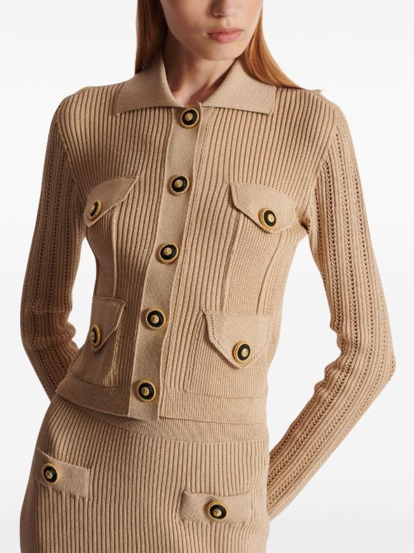 Balmain o1mt1gz0126 4 Pockets Buttoned Ribbed Knit Cardigan in Brown Size S / US 4 / IT 40 - 2 Thumbnail