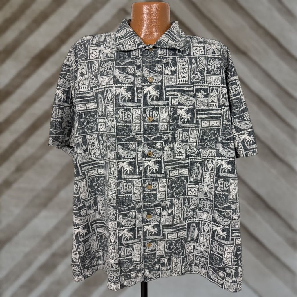Vintage VINTAGE Falls Creek Hawaiian Shirt 2XL Button-Up Short Sleeve Cotton Geometric Tribal Black 90s Beach Hawaiian Mens Shirt Size US XXL / EU 58 / 5 - 1 Thumbnail