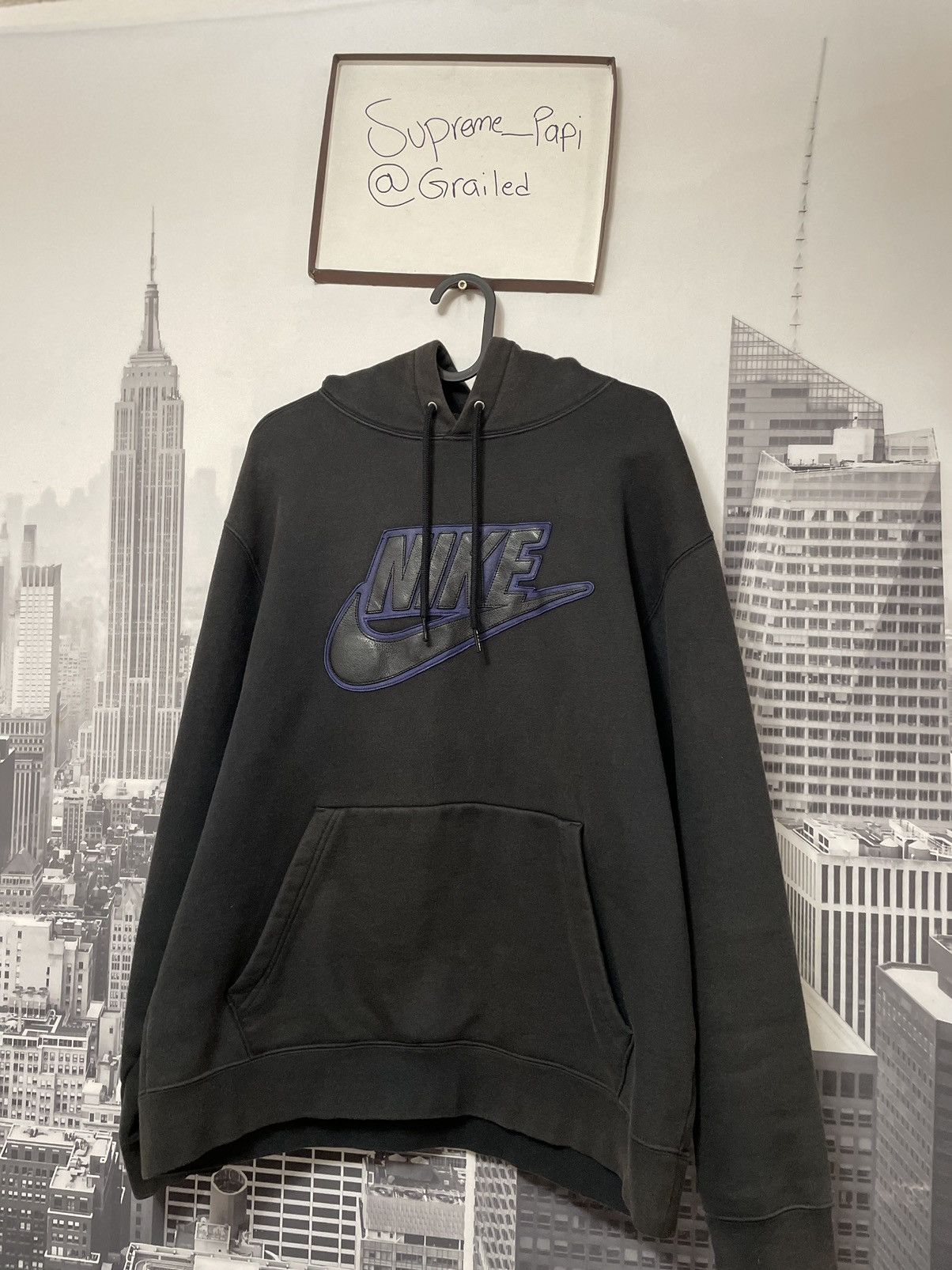 image of Nike Leather Appliqué Hoodie Black Fw19 Size Medium, Men's