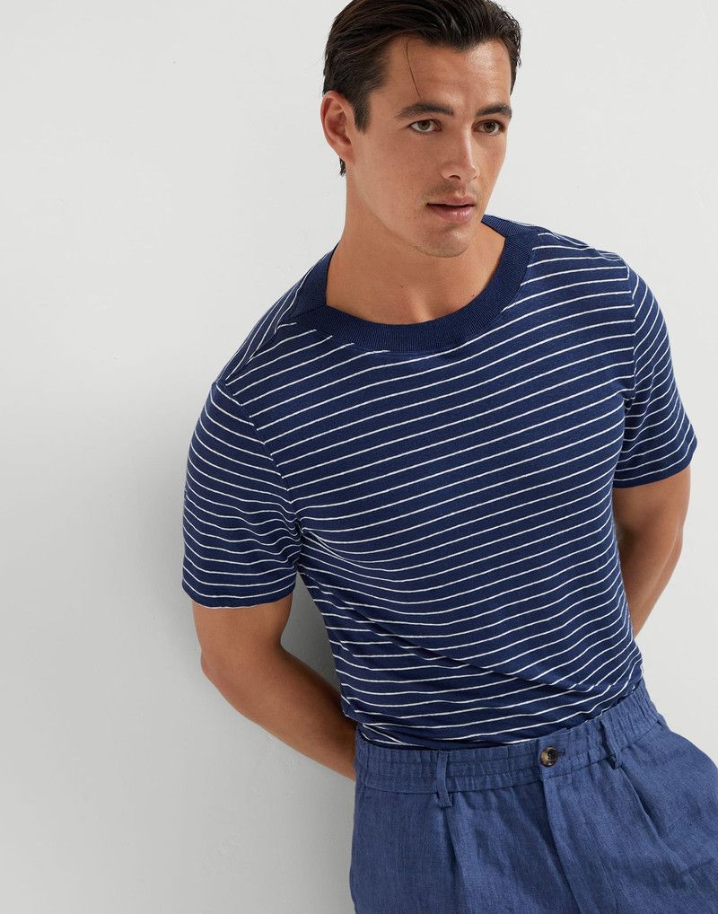 Brunello Cucinelli o1la1rc1a0326 Striped Linen Stretch Boat Neck T-Shirt Blue Size US M / EU 48-50 / 2 - 4 Thumbnail
