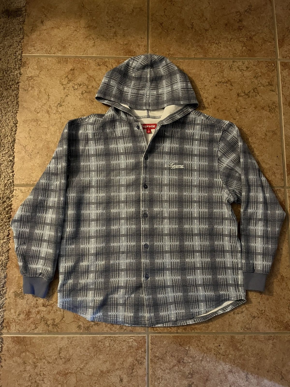 image of Fw23 Supreme Hooded Knit Flannel in Blue, Men's (Size Medium)