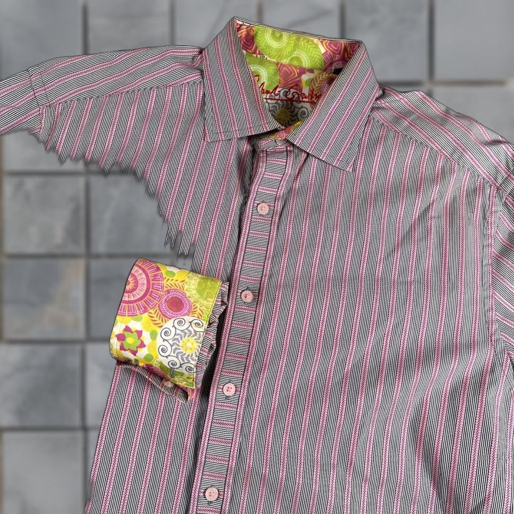 Robert Graham Shirt Men's L Pink Striped Button Up Colorful