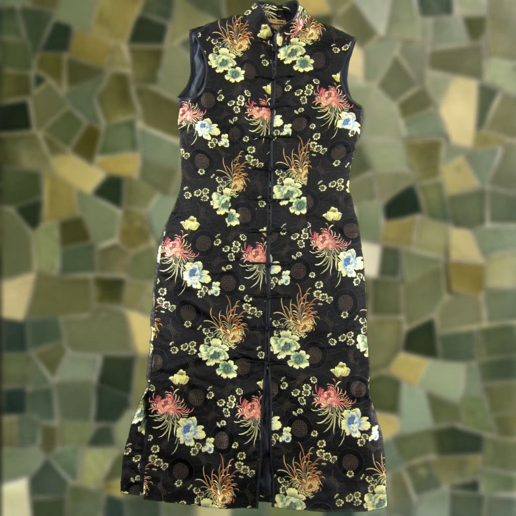 H&M Qipoa Chinese Asian Black Pink Gold Sleeveless Mock Neck Long Dress Size 8