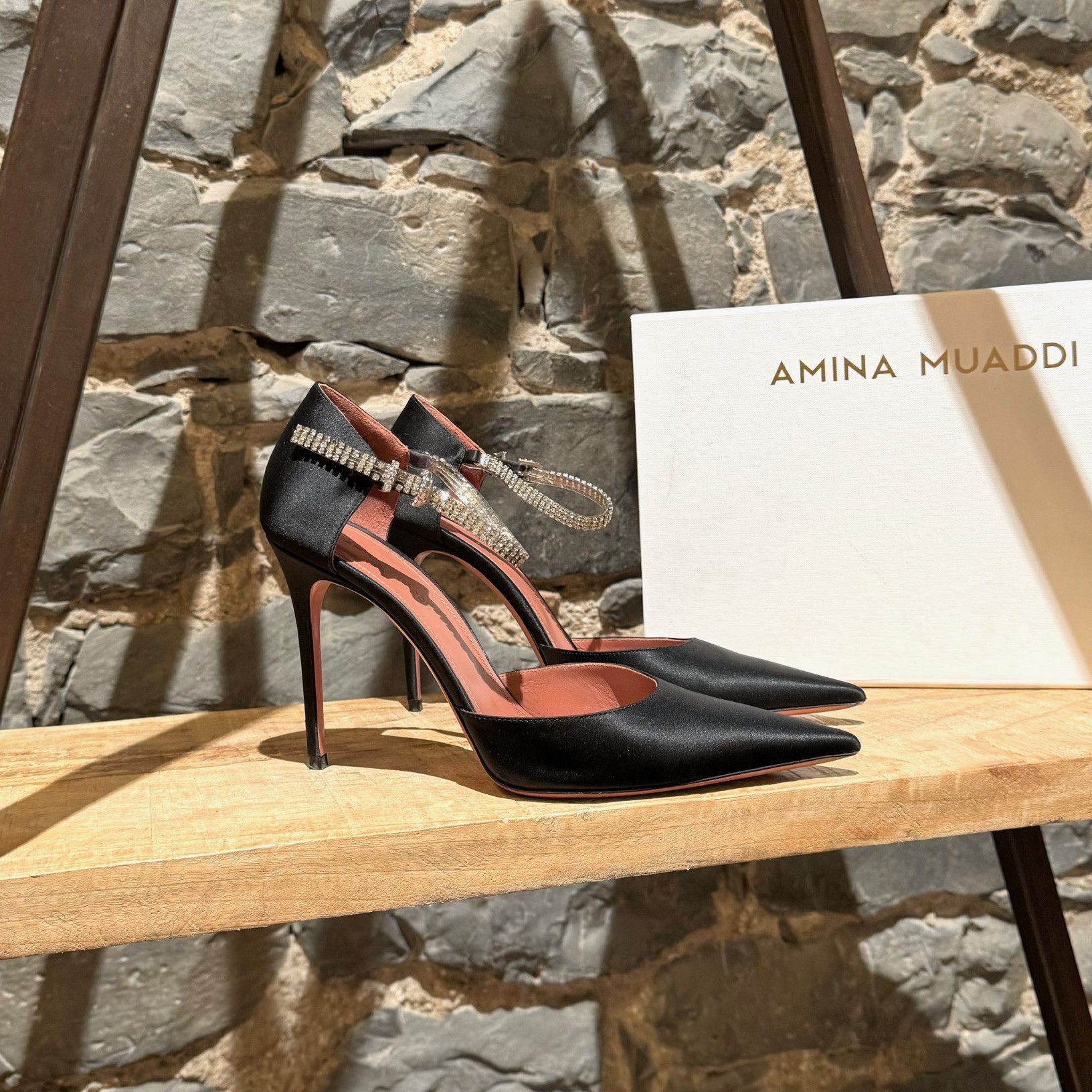 Amina Muaddi Amina Muaddi SS21 Ursina Black Satin Crystal Ankle Pumps Size US 9 / IT 39 - 1 Thumbnail