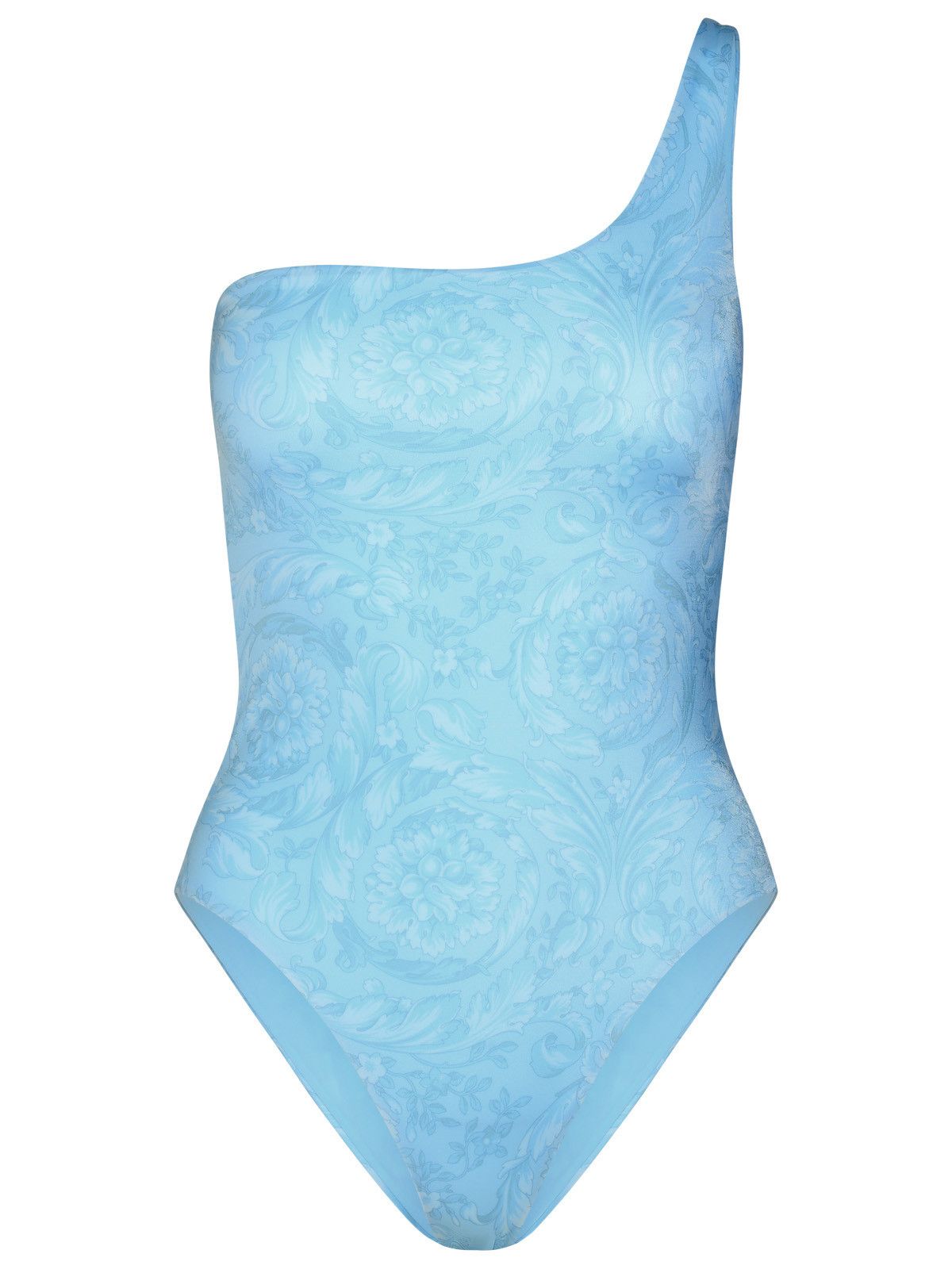 image of Versace Asymmetric 'barocco' One-Piece Swimsuit In Light Blue Polyester Blend, Women's (Size Small)