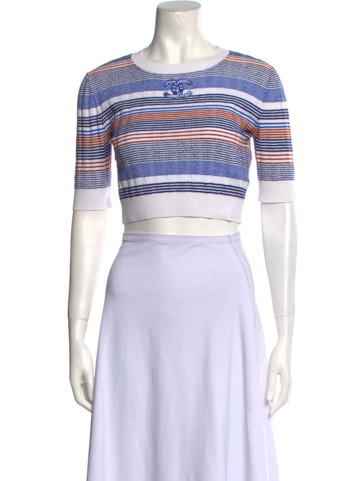 Chanel 21C White Orange Striped CC Logo Top Short Pullover Shirt 38 Size XS / US 0-2 / IT 36-38 - 3 Thumbnail