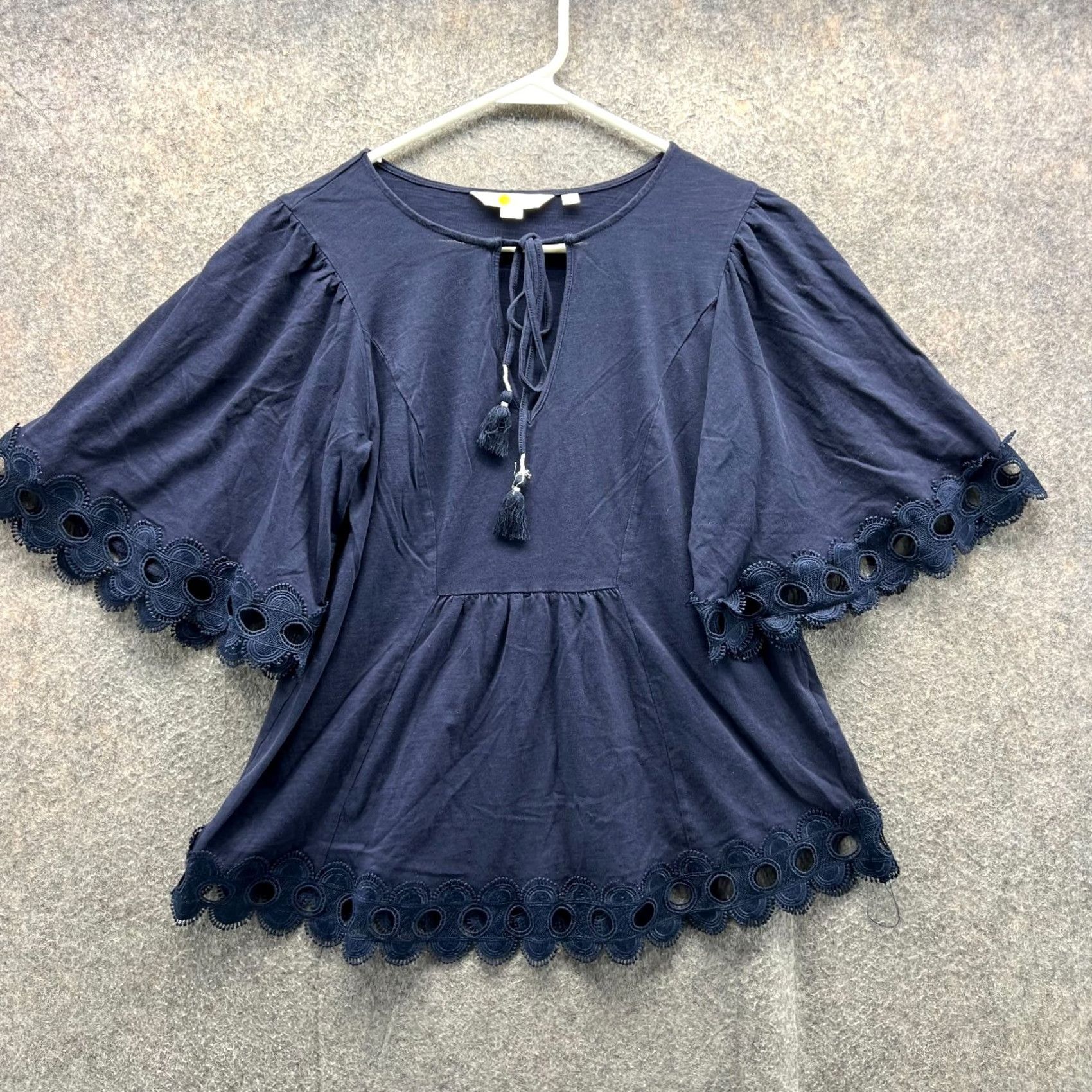 Boden Boden Blouse Womens US 6 Navy Blue Cotton Eyelet Lace Trim Boho Peasant Top Shirt Short Sleeve Pullover Regular Women 6 Blue Lace Peasant Womens Size M / US 6-8 / IT 42-44 - 2 Thumbnail