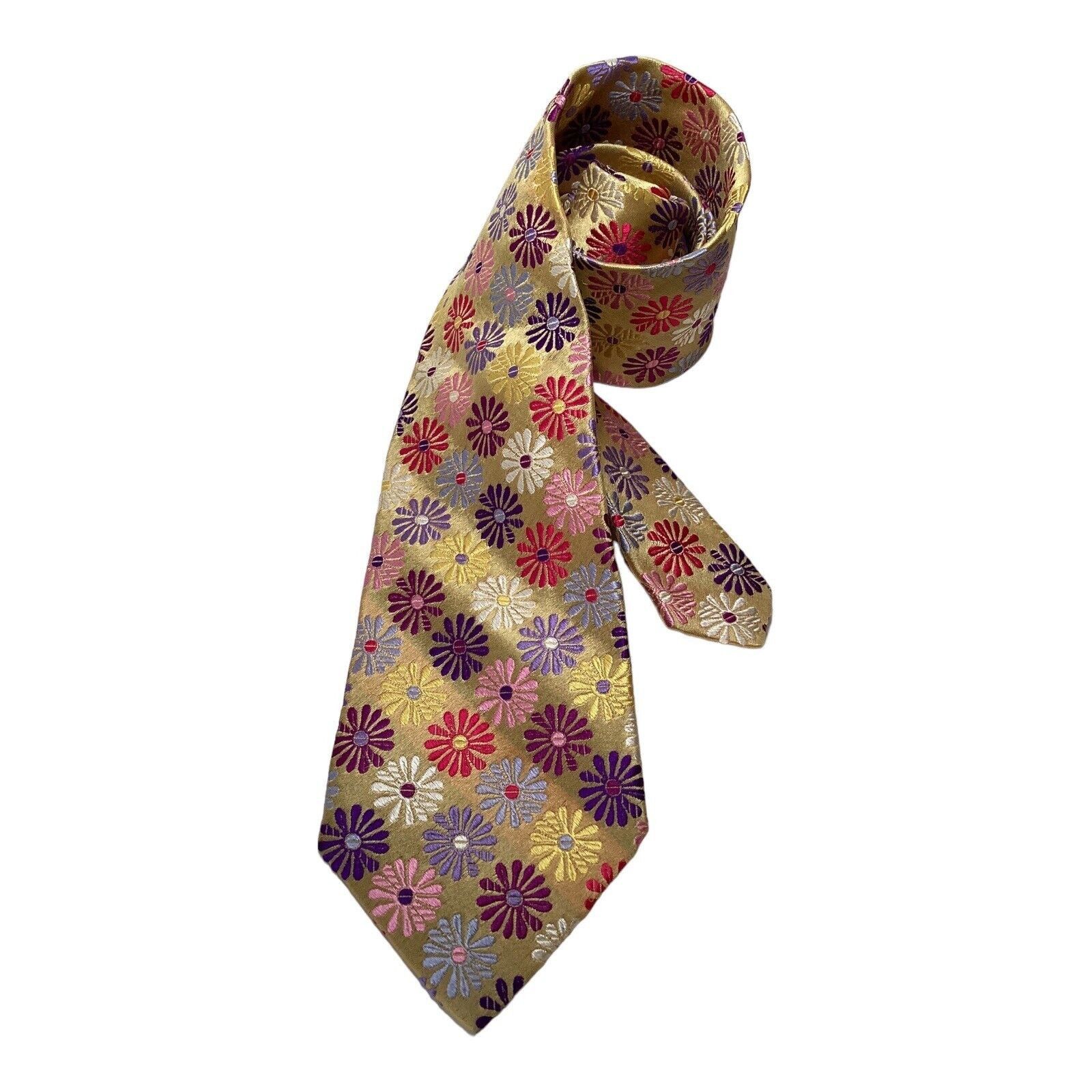 Duchamp DUCHAMP Yellow Flower Print Luxury Designer Silk Tie Made It Size ONE SIZE - 3 Thumbnail