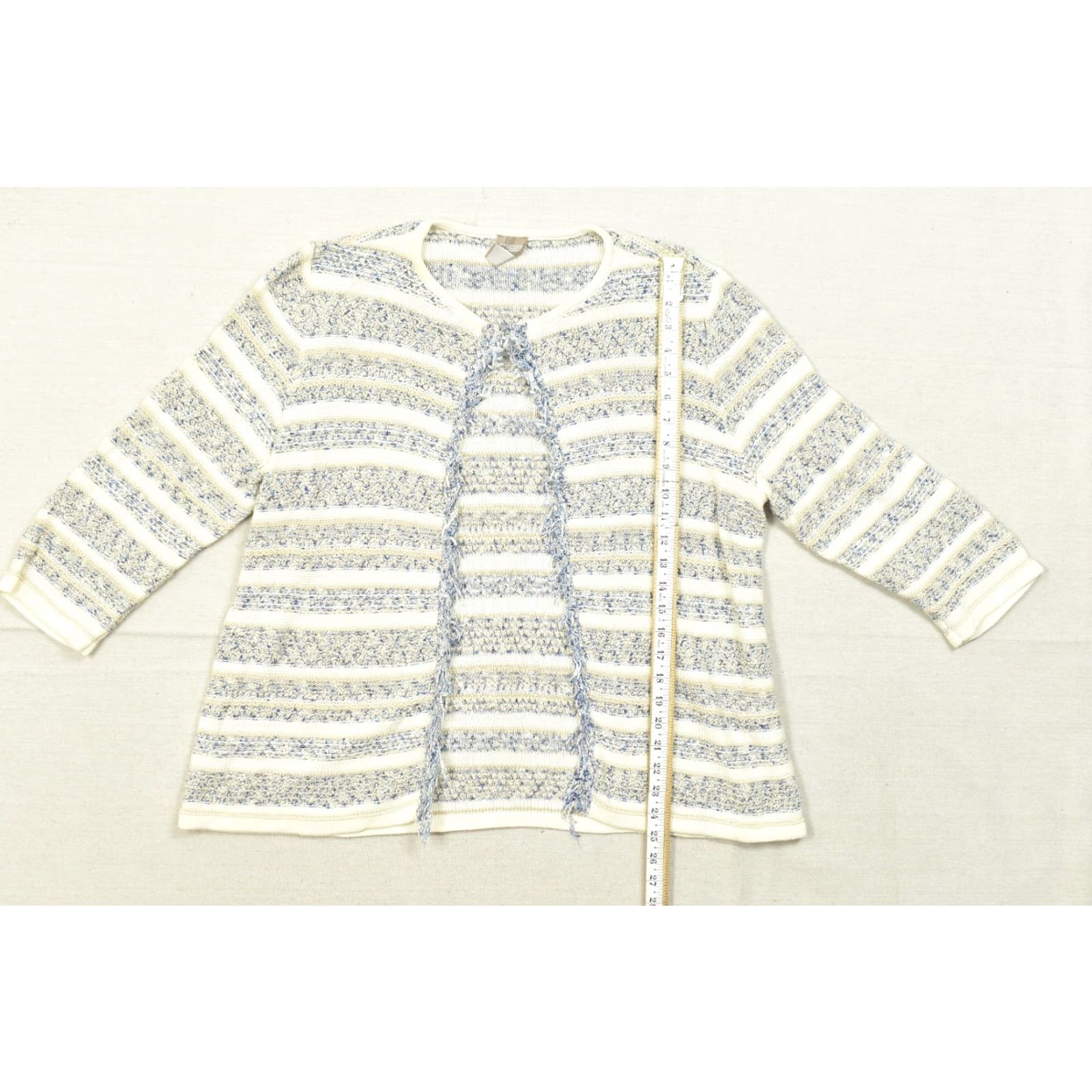 Vintage Chico's Cardigan Women Open Front Fringe Trim Striped Knit Blue Cream Size 3 Sweater - Regular Fit, Crew Neck, Long Sleeve Size XS / US 0-2 / IT 36-38 - 4 Thumbnail