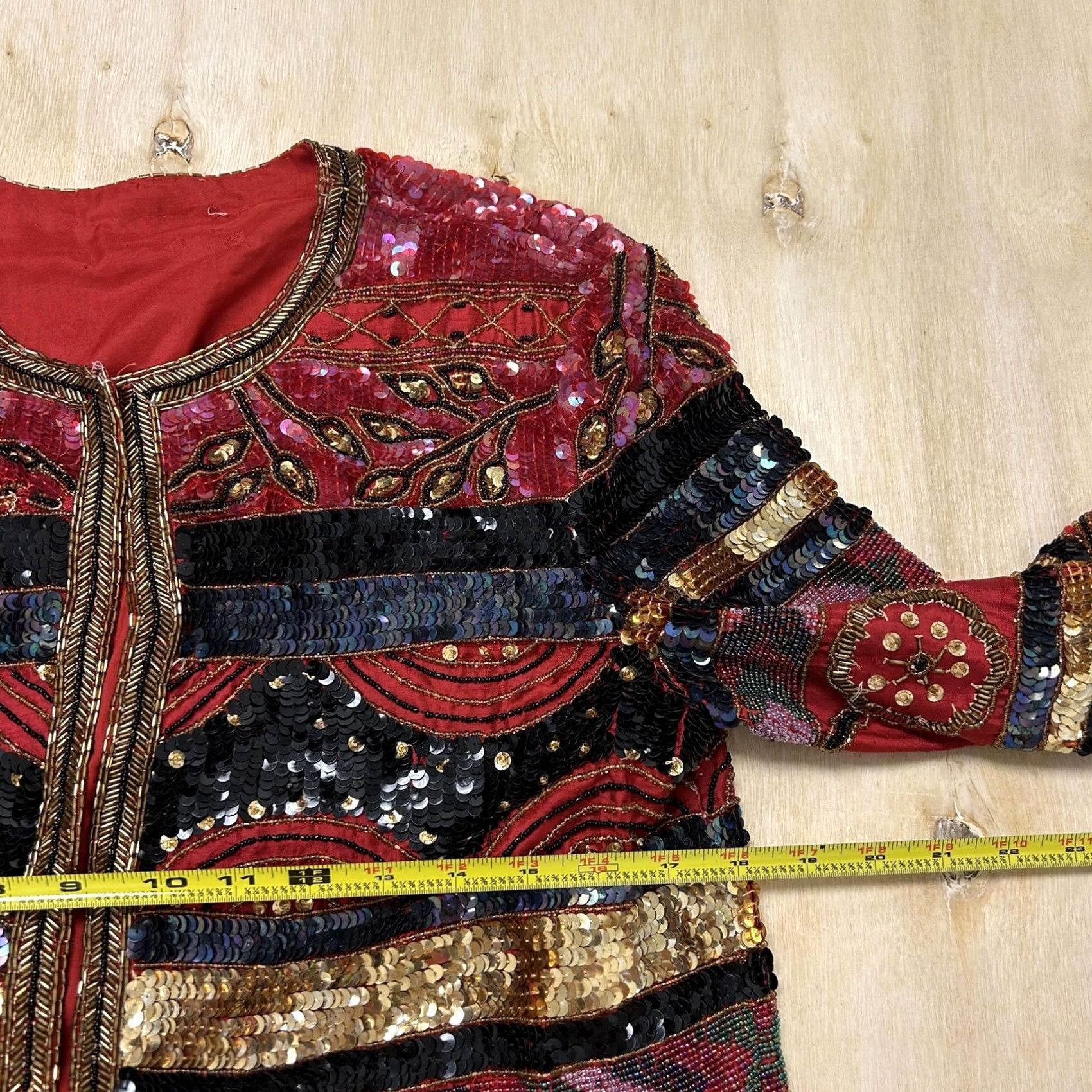 Vintage Boho Embellished Jacket Womens Medium Red Beaded Sequin Satin Open Front Size M / US 6-8 / IT 42-44 - 5 Thumbnail