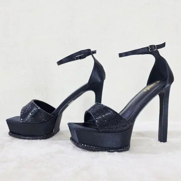 Other Helen Black Satin Rhinestone Trim Party Evening Platform Hig Size US 7.5 / IT 37.5 - 2 Thumbnail