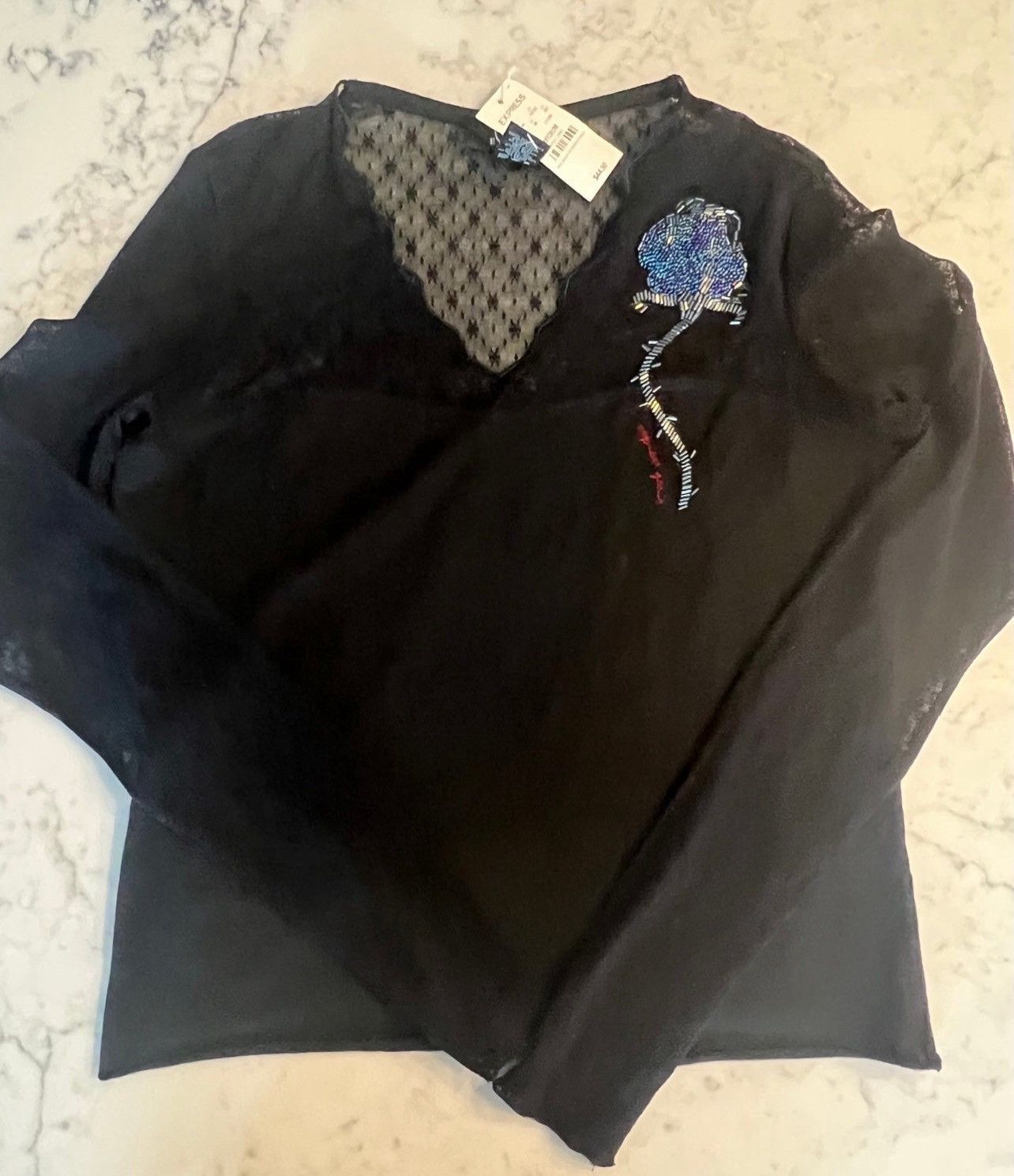 Express New Express Lace Tops Medium Appliqué Beaded Black Y2K Shirt Size M / US 6-8 / IT 42-44 - 1 Thumbnail