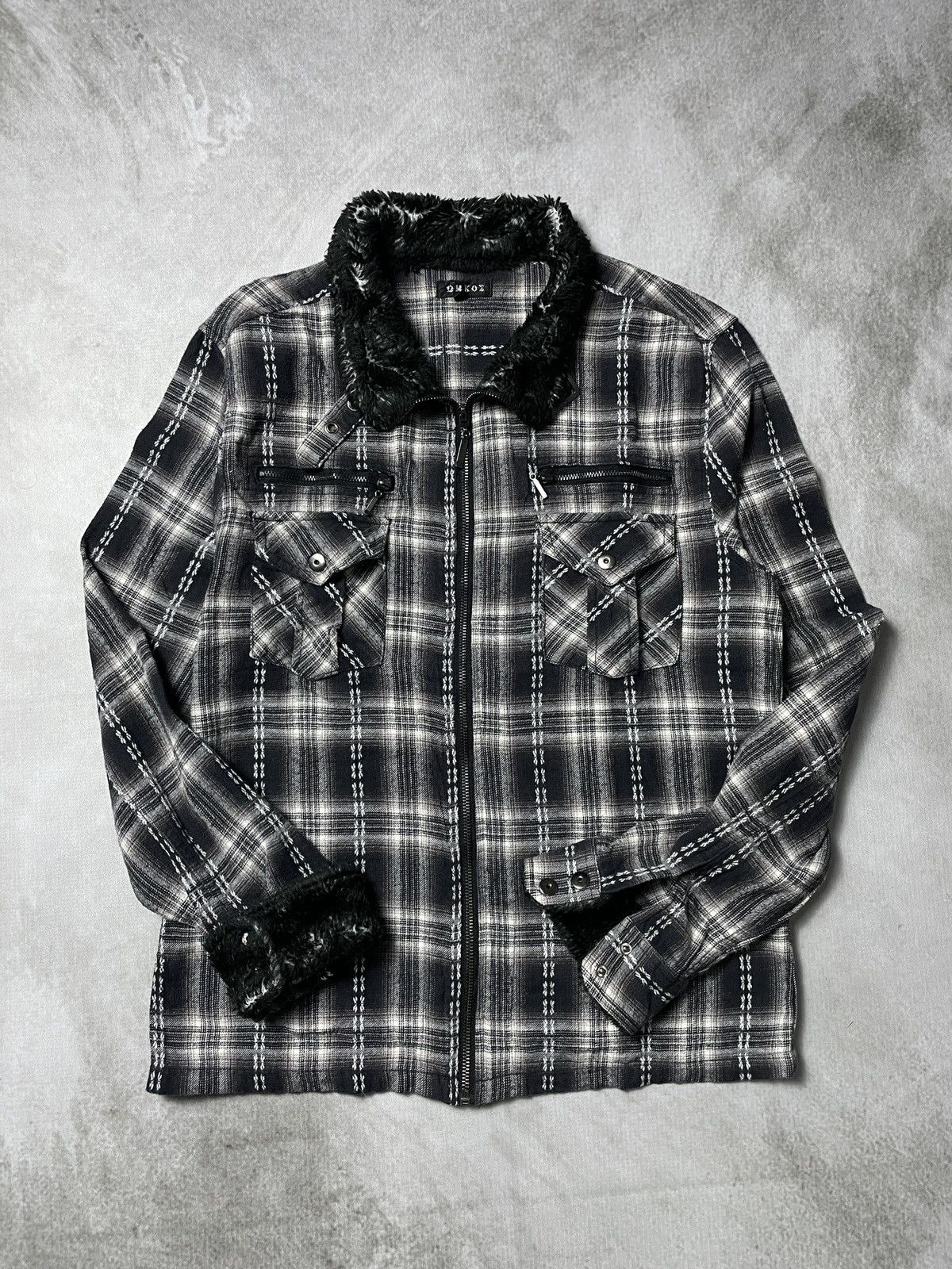 14th Addiction 2000’s Omkoe - Vkei Style Plaid Trim Fur Jacket Size US M / EU 48-50 / 2 - 2 Thumbnail