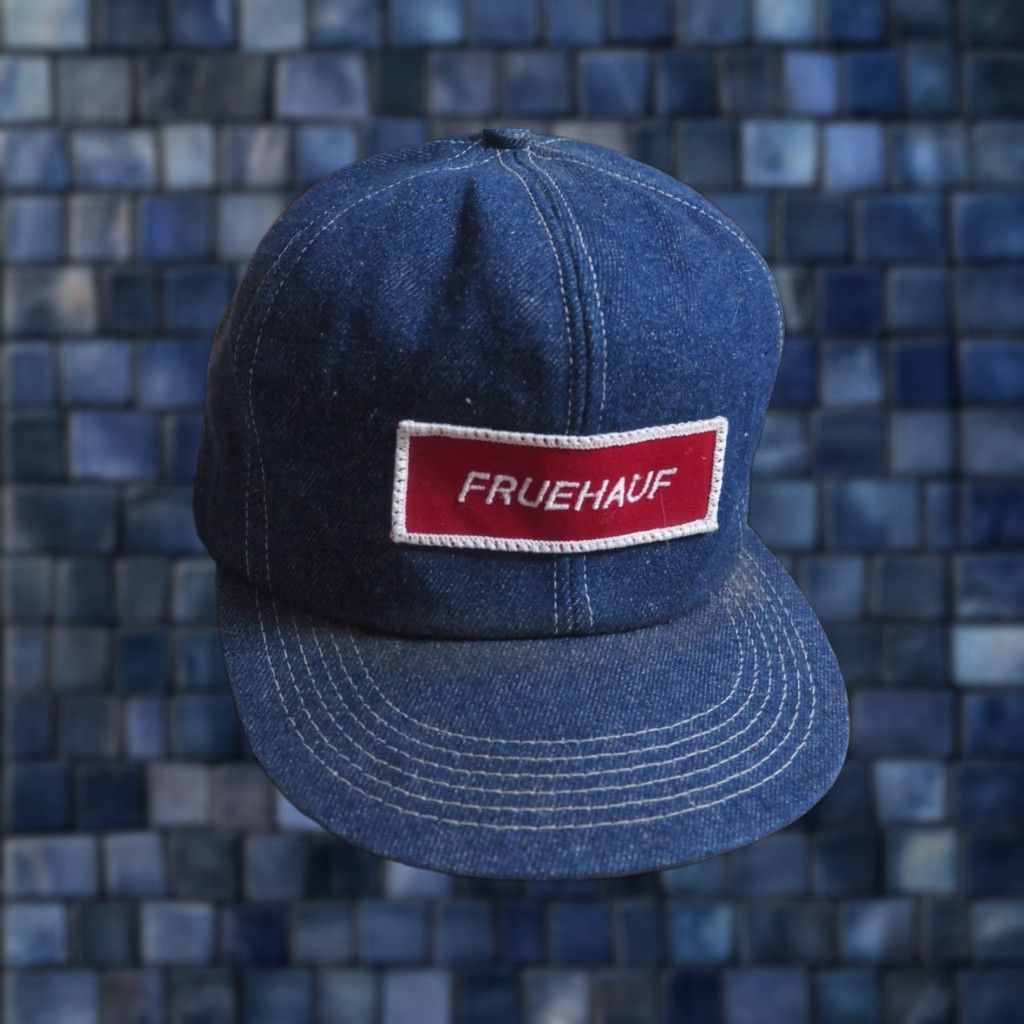 Denime VINTAGE Fruehauf Blue Denim Patch USA Trucker Snapback Hat Cap OSFM Adjustable Men Trucker Hat Denim Blue USA Patch 70s 80s Size ONE SIZE - 1 Thumbnail