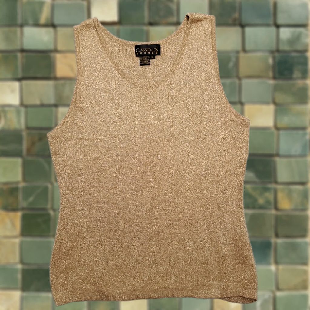 Etro VINTAGE Classiques Top Womens XL Metallic Gold 70% Merino Wool Retro Disco 70s Tank Wool Knit Gold Womens XL Metallic Gold 70s Vintage Classiques Top Size XL / US 12-14 / IT 48-50 - 1 Thumbnail