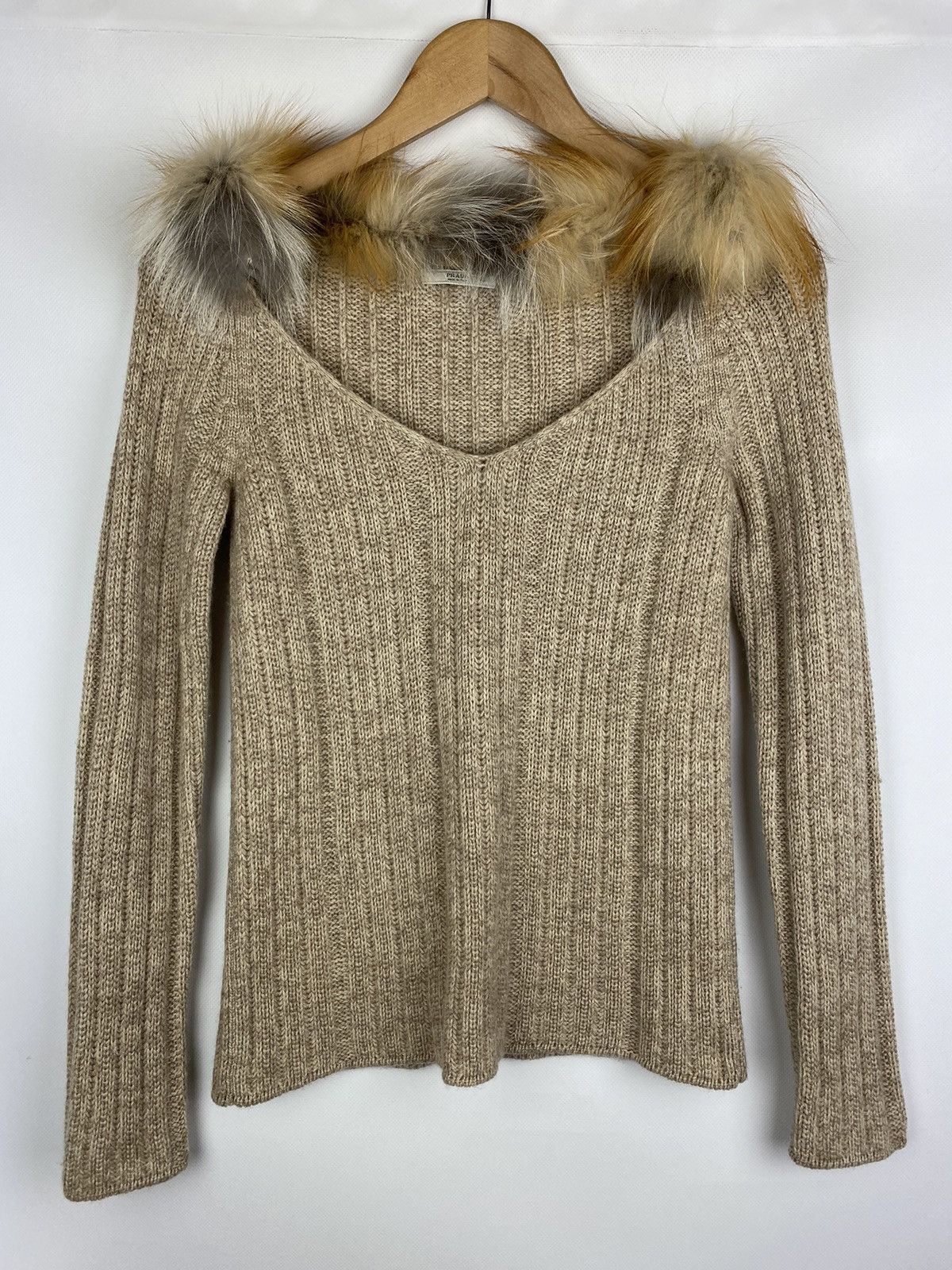 image of Prada Ladies Cashmere Sweater Pullover With Real Fox Fur in Beige, Women's (Size Small)