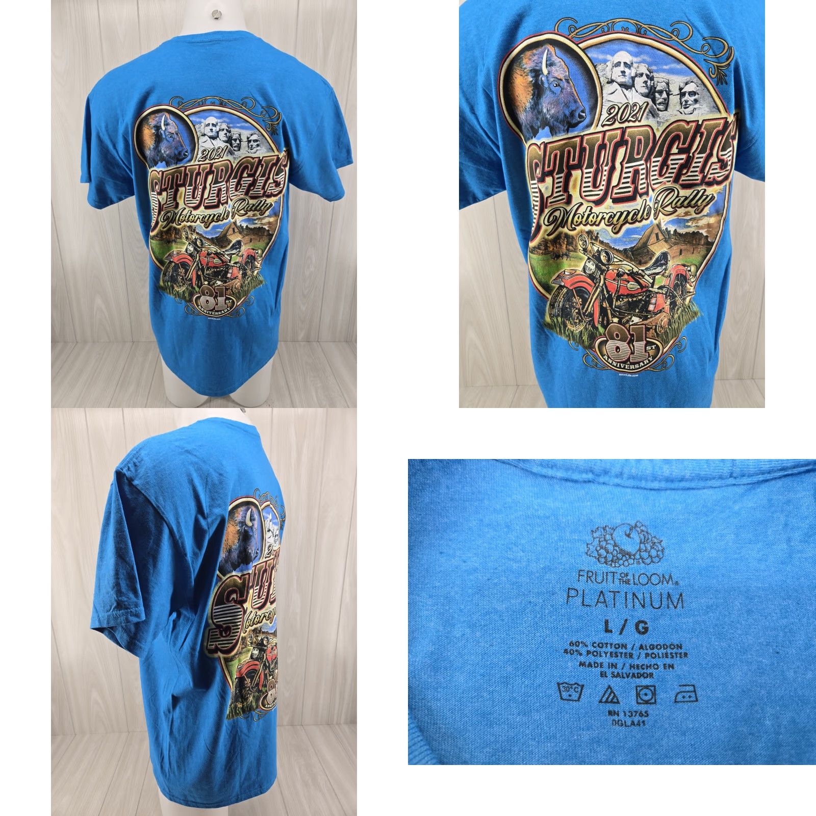 Fruit Of The Loom Sturgis 2021 Motorcycle Rally Blue Shirt Men’s Large 81st Graphic Print Cotton T-Shirt Size US L / EU 52-54 / 3 - 8 Thumbnail