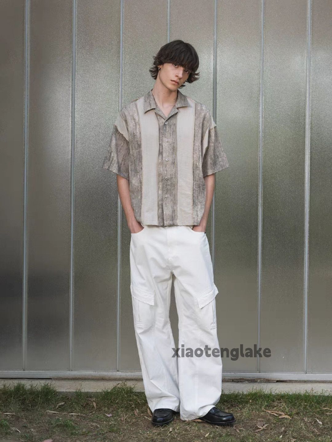 Unisex washed faded loose baggy yuppie patchwork shirt