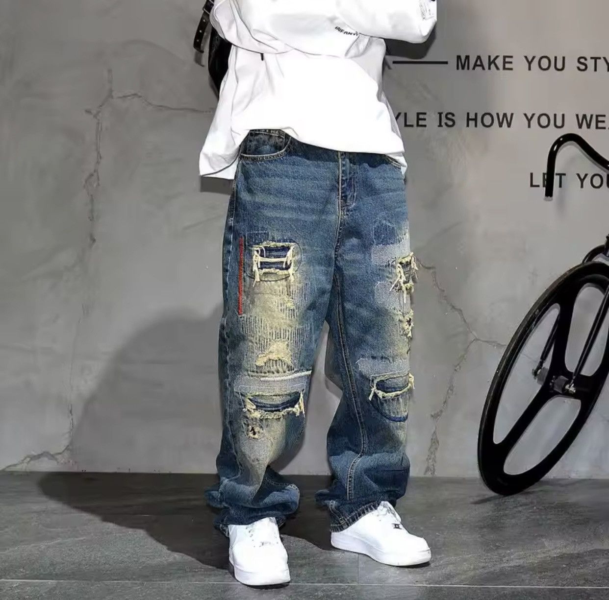 Denime × Jean Streetwear Ripped Patch Jeans Hip Hop Baggy Jeans Size US 30 / EU 46 - 3 Thumbnail