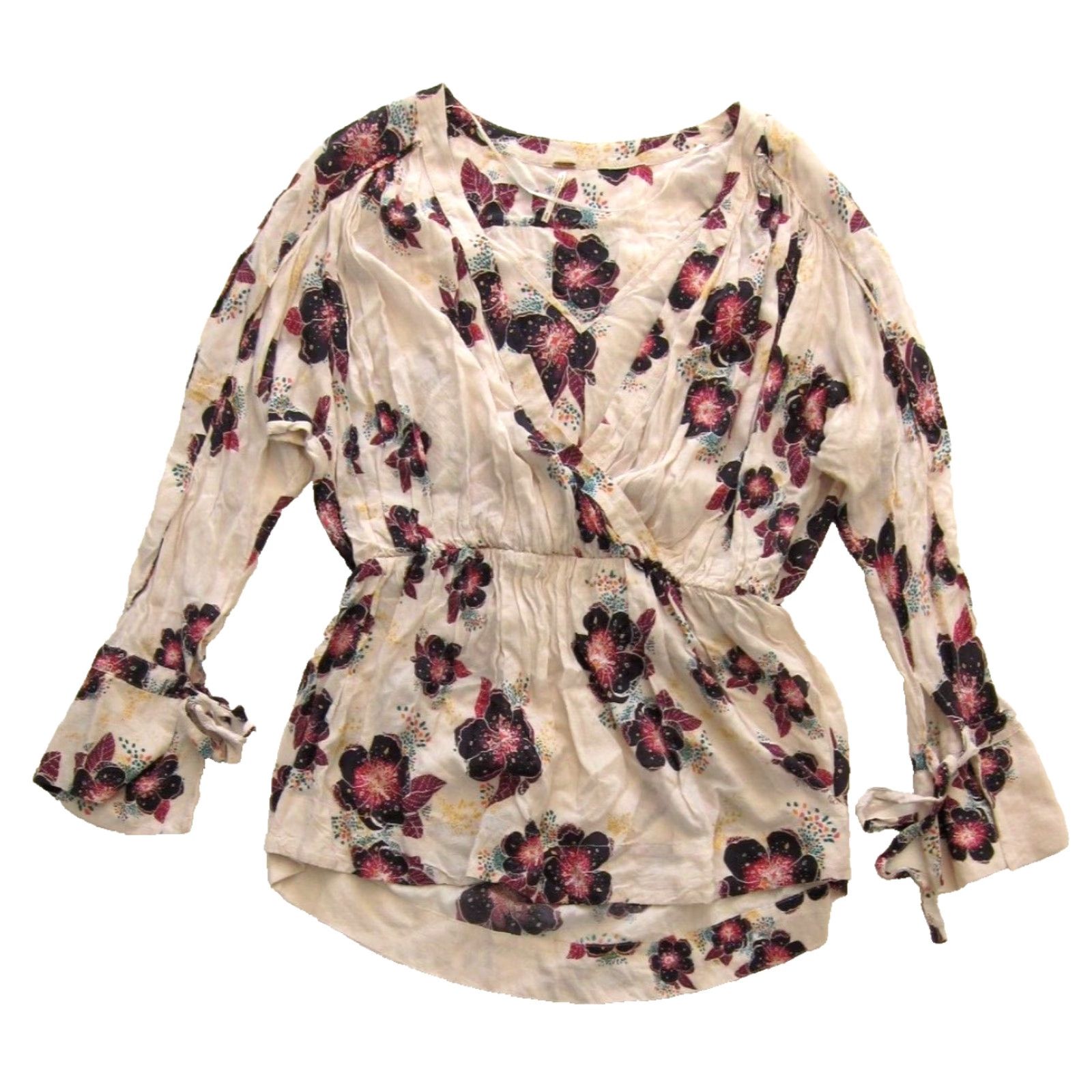 Free People Free People Blouse Pink Yellow Floral V-Neck Long Tunic Sleeve S-M 100% Rayon Womens Shirt Size S / US 4 / IT 40 - 2 Thumbnail