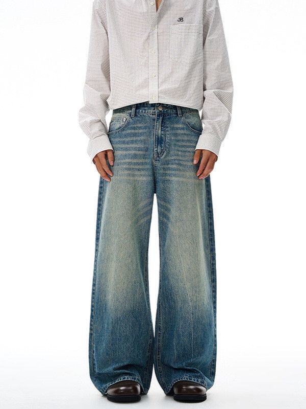 Japanese Brand Washed & Distressed Versatile Wide-Leg Straight-Fit Jeans Size US 32 / EU 48 - 1 Thumbnail